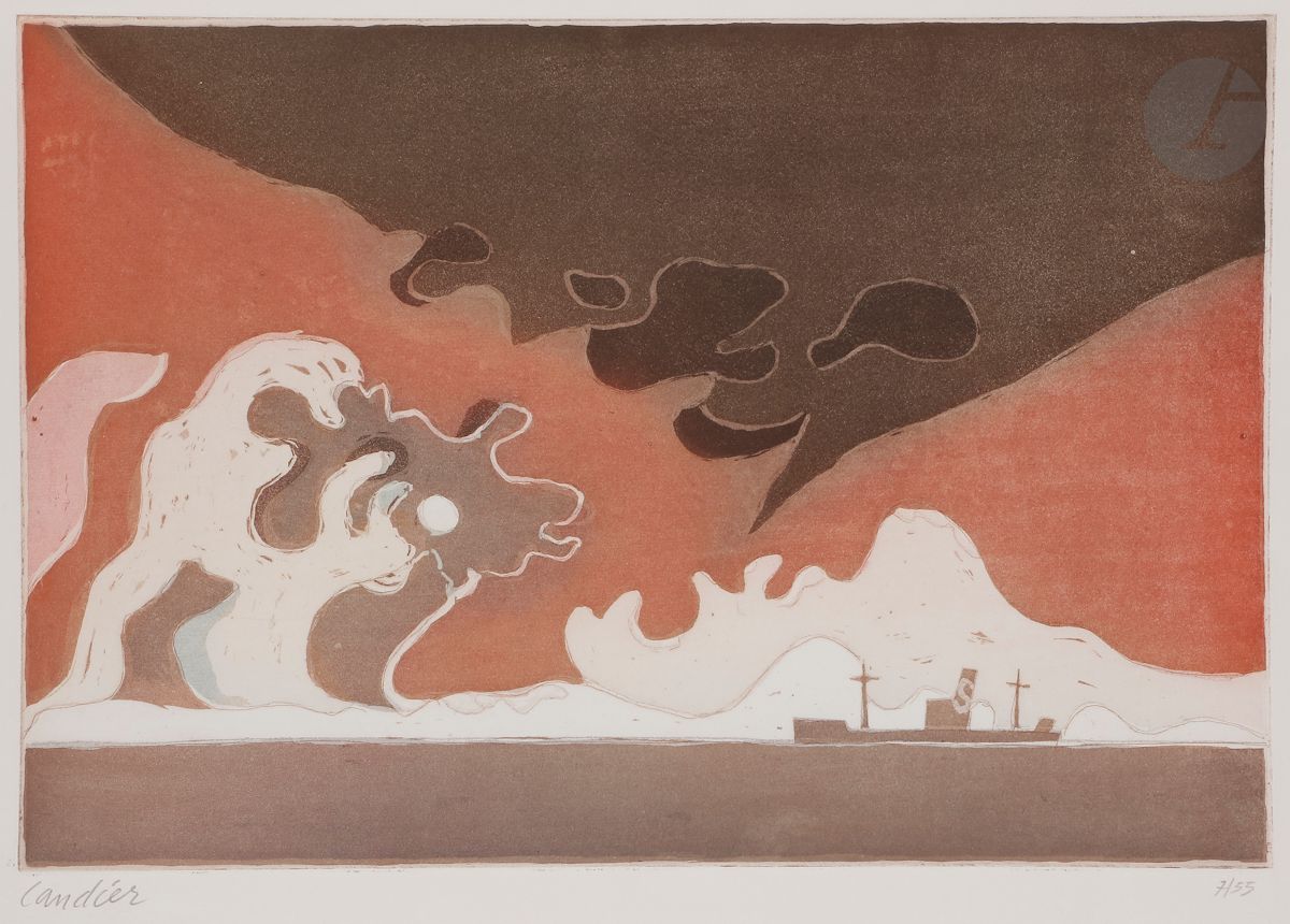 Henri Landier (né en 1935)
Le Grand ciel. 2005.
Eau-forte et aquatinte en couleurs. 
Très belle épreuve sur vélin blanc, numérotée et signée au crayon. Timbre sec de l’atelier. Toutes marges. Tirage à 55 épreuves.
50 x 66 cm.
