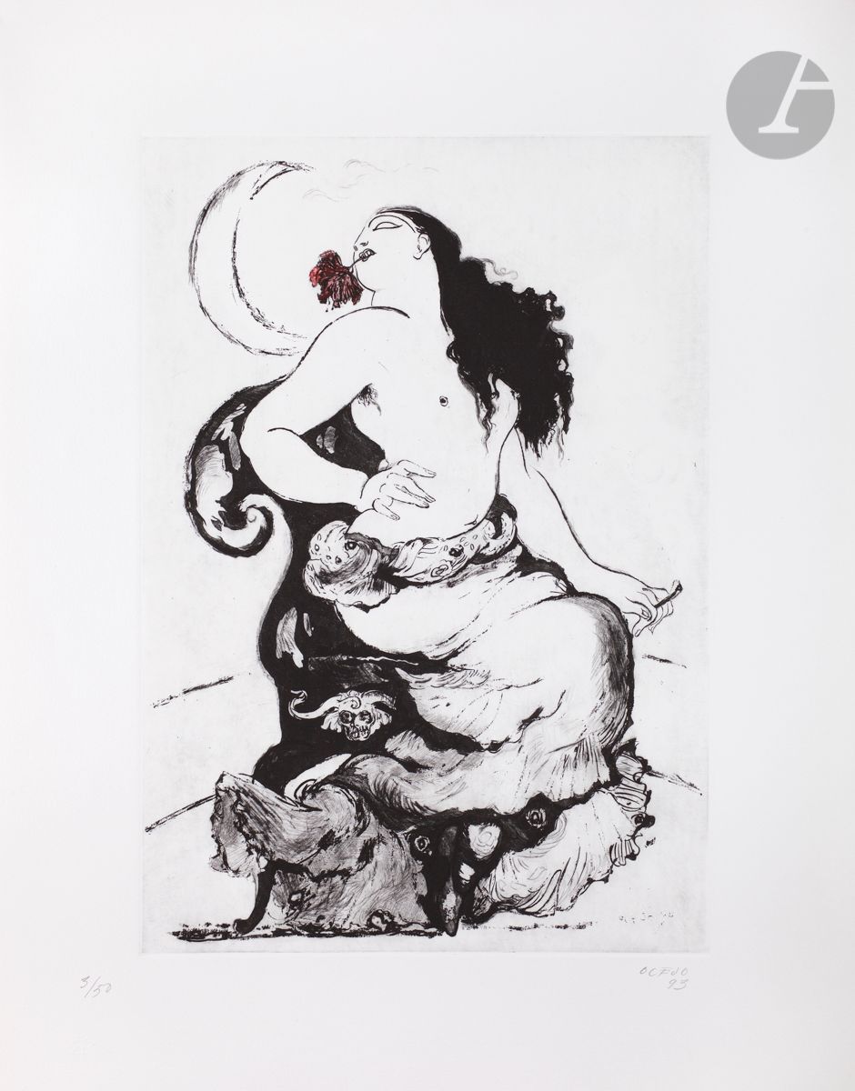 José García Ocejo (mexicain, 1928-2019)
Carmen. 14 Grabados de José García Ocejo… Ciudad de Mexico, 1993.
Eau-forte, aquatinte et pointe sèche. 
Suite complète de 14 pl. précédées d’un titre, d’un feuillet portant un texte imprimé extrait de F. Clément, Histoire de la musique, la 1re serpente portant un poème imprimé de Pita Amor intitulé « La Carmen de Bizet ». Parfaites épreuves sur vélin blanc, certaines imprimées en couleurs, numérotées, signées et datées au crayon. Toutes marges. Tirage à 50 épreuves. Portefeuille de toile noire à rabats de l’édition avec texte imprimé en couleurs sur le plat supérieur. 
68 x 53 cm.
Joint : reproduction d’un dessin de l’artiste (2002), sur vélin, justifiée « PA », signée et datée au crayon.