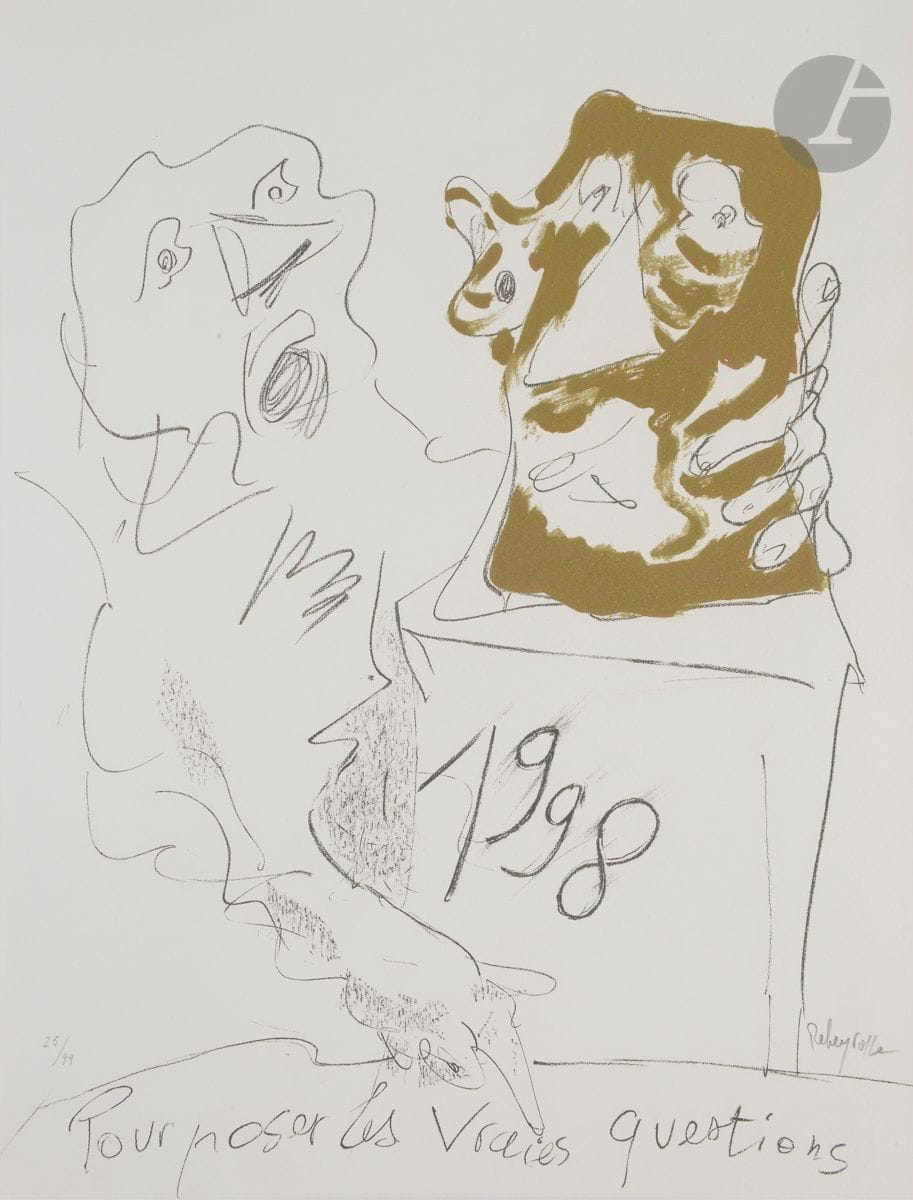 Paul Rebeyrolle (1926-2005) 
Pour poser les vraies questions.1998. 
Lithographie en noir et or. 
Très belle épreuve sur vélin, numérotée et signée au crayon. Tirage à 99 épreuves. Télérama éd. 
65 x 49,5 cm.