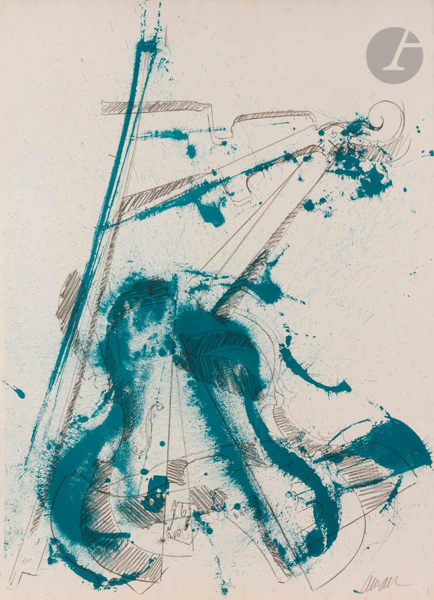 Arman (Armand Fernandez, dit) (1928-2005)
Colère de violon I. 1974. 
Lithographie en couleurs.
Très belle épreuve sur vélin, numérotée et signée au crayon. Tirage à 100 épreuves. Timbre sec : Atelier Baviera, Saint-Paul-de-Vence. Éditions d’art de Francony, Nice, éd. 
Courts plis de manipulation et infimes plis cassés au bord supérieur droit en tête.
76 x 56,5 cm. 

Bibliographie :
Otmezguine-Moreau 69.