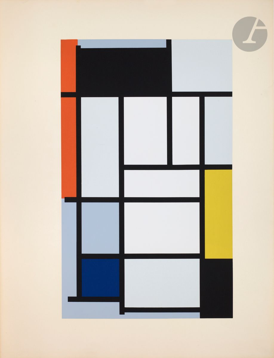 Pietr Mondrian (1872-1944) (d’après)
Album de douze sujets. 1957. 
12 sérigraphies en couleurs d’après des toiles de 1911 à 1943. 
Très belles épreuves sur vélin fort glacé, 4 justifiées au crayon (certaines marquées « e/a » et/ou numérotées sur 15 ou sur 30), précédées d’un feuillet de texte typographié (Michel Seuphor, « Présence de Mondrian ») et d’une table récapitulative. Toutes marges. Tirage définitif à 200 épreuves. Galerie Denise René éd. 
Courtes déchirures aux bords de certains feuillets. Très claires auréoles d’humidité. Infimes traces de frottement. 
Chaque 65,3 x 50,5 cm.