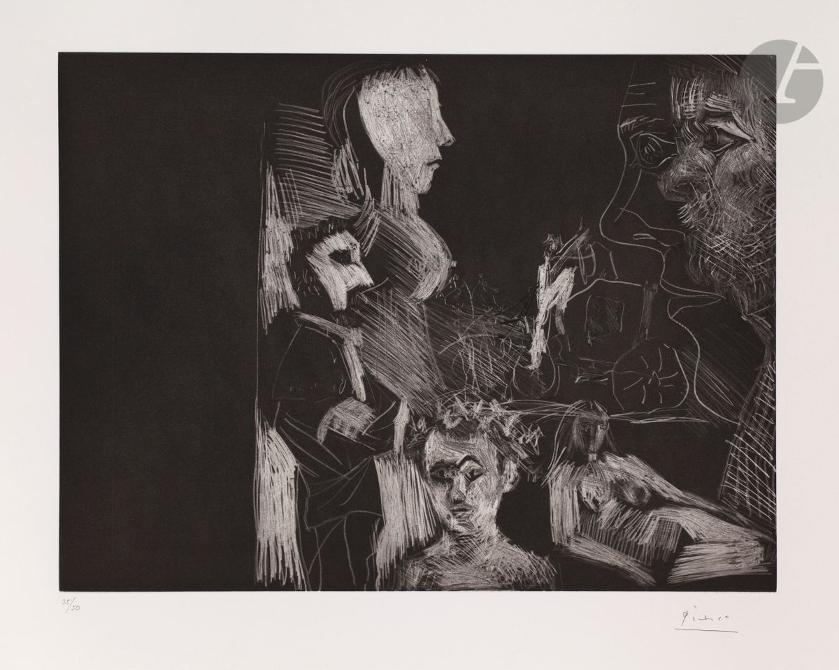Pablo Picasso (1881-1973
)Young couple, old couple, spectator, with carriage in background. (The 347, pl. 104). 21 May 1968. 
Etching and scraping.
Perfect proof on vellum, numbered and signed in pencil. All margins. Edition of 50 proofs. Galerie Louise Leiris éd (1969).
45 x 56,4 cm.

Bibliography :
Bloch 1584 ; Baer 1600 B b 1
.





