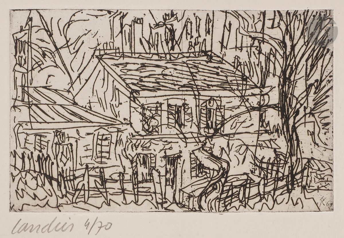 Henri Landier (born in 1935
) Cabaret Le Lapin Agile in Montmartre. 1962. 
Etching.
Very nice proof on white vellum, numbered and signed in pencil. Dry stamp of the workshop. All margins. Edition at 70 proofs.
Very light trace of oxidation on the margins. 
24,2 x 31 cm.




