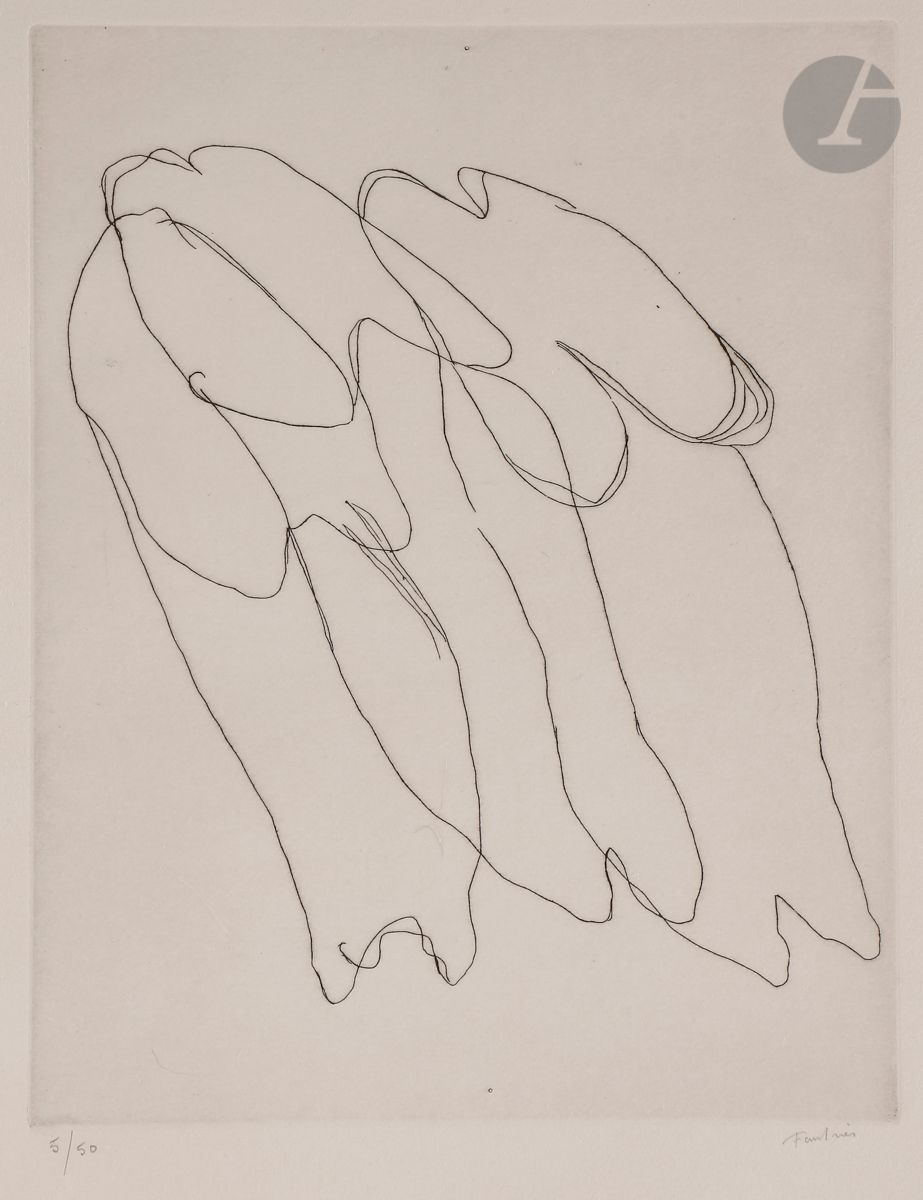 Jean Fautrier (1898-1964)
Les Seins nus. 1947.
etching. 
Very nice proof on vellum, numbered and signed in pencil. All margins. Edition at 50 proofs. 
Small traces of glue (old pieces of adhesive) oxidized and small brownish splashes (coffee?) on the reverse, slightly affecting the left edge of the sheet on the front. 
56,5 x 38 cm
. 


Bibliography :
Mason 224.







