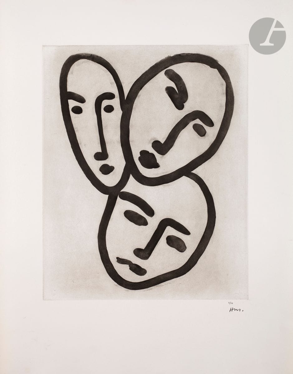 Henri Matisse (1869-1954)
Trois têtes ; À l’amitié. (Masques d’Apollinaire, Matisse et Rouveyre). 1951-1952.
Aquatinte.
Très belle épreuve sur vélin filigrané « BFK Rives », numérotée au composteur et revêtue du cachet du monogramme de l’artiste. Toutes marges. Tirage à 15 épreuves. 
65 x 50 cm.

Bibliographie :
Duthuit-Garnaud 826.
Sujet non retenu pour parution dans le livre d’André Rouveyre, Apollinaire, Paris, éd. Raisons d’Être, 1952.