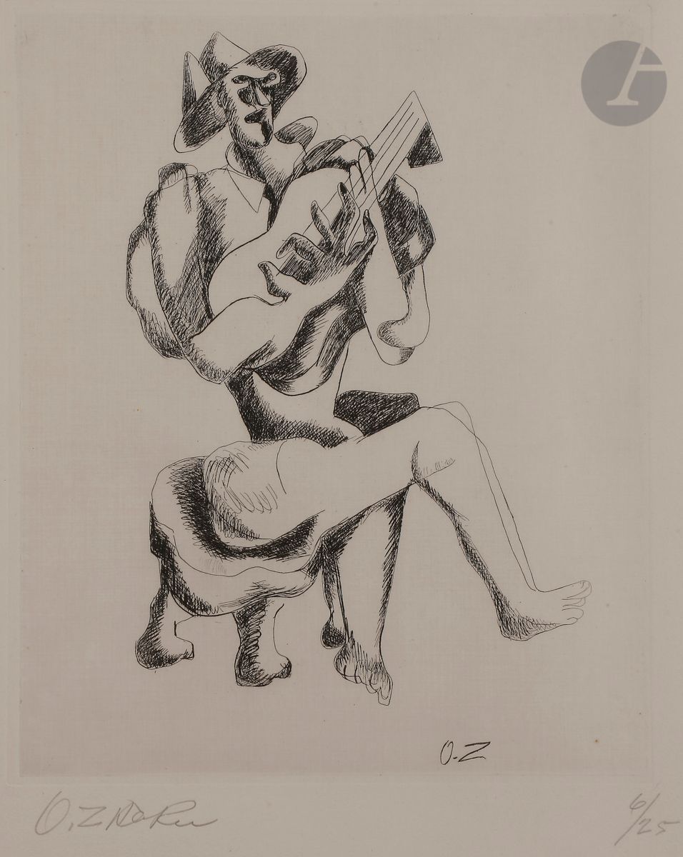 Ossip Zadkine (1890-1967)
Le Guitariste. 1966.
Eau-forte. 
Très belle épreuve sur vélin ivoire, signée et numérotée au crayon. Toutes marges. Tirage à 25 épreuves. 
À vue : 65 x 49 cm.
Cadre. 

Bibliographie :
Czwiklitzer 52.