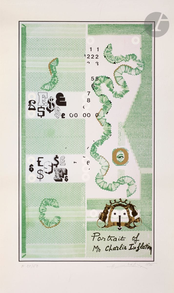 Henri Chopin (1922-2008)
Portrait of Mr Charlie Inflation. 1975.
Sérigraphie en couleurs.
Belle épreuve sur vélin, numérotée, signée et datée au crayon. Toutes marges. Tirage à 50 épreuves. 
76 x 41 cm.