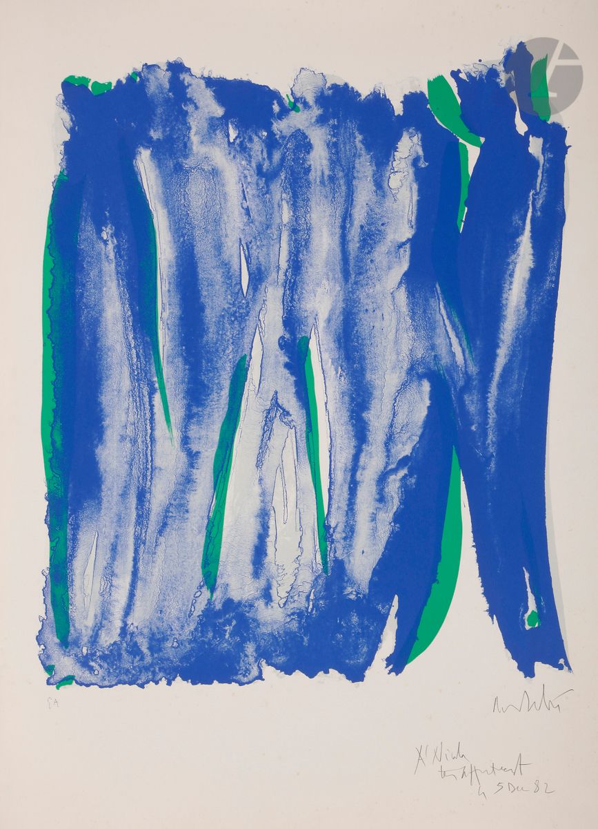 Olivier Debré (1920-1999
)Sign-landscape, Château de Jau, II. 1980. 
Lithograph in colours. 
Very nice proof on vellum, justified "EA", signed in pencil, dedicated "To Nicole / very affectionately / the 5 Dec 82". All margins. Edition at 100 proofs including 25 artist's proofs. Fondation du château de Jau ed. 
Small light freckles and short handling creases at the edges of the sheet. 
76 x 56 cm

. 
 


Bibliography :
Pernoud 385. 

Provenance :
Pierre Vago (1910-2002), architect, editor of the magazine L'Architecture d'Aujourd
'hui.









