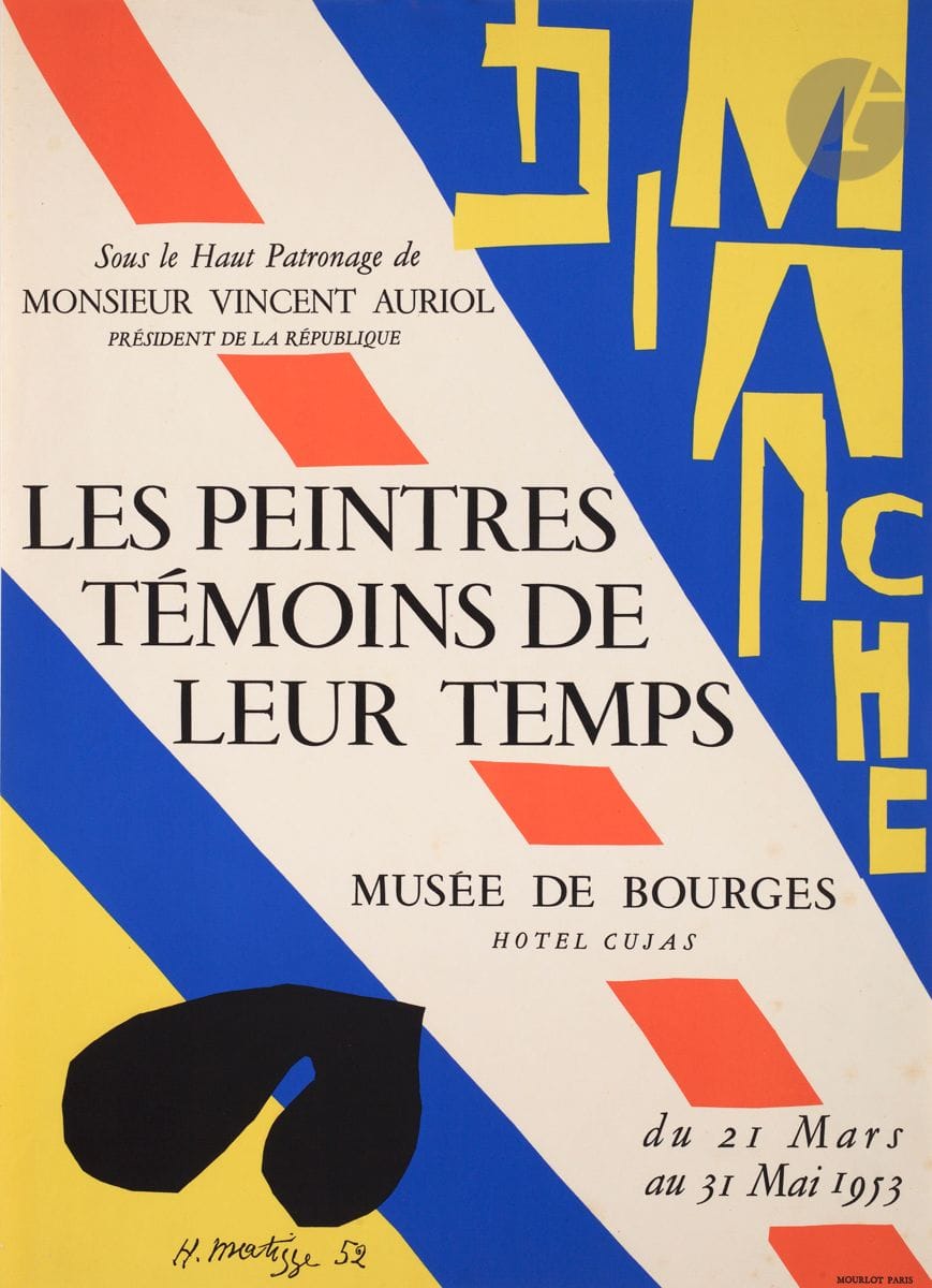 Henri Matisse (1869-1954) (d’après)
Les Peintres Témoins de leur Temps. Affiche pour une exposition de l’artiste au musée de Bourges, hôtel Cujas. 1953. 
Lithographie par Mourlot d’après un collage de l’artiste. Impression en couleurs. 
Très belle épreuve sur vélin. 
Quelques rousseurs claires éparses, perceptibles surtout dans les fonds blancs. Court pli cassé horizontal au bord du feuillet en tête. 
51,5 x 37,5 cm.