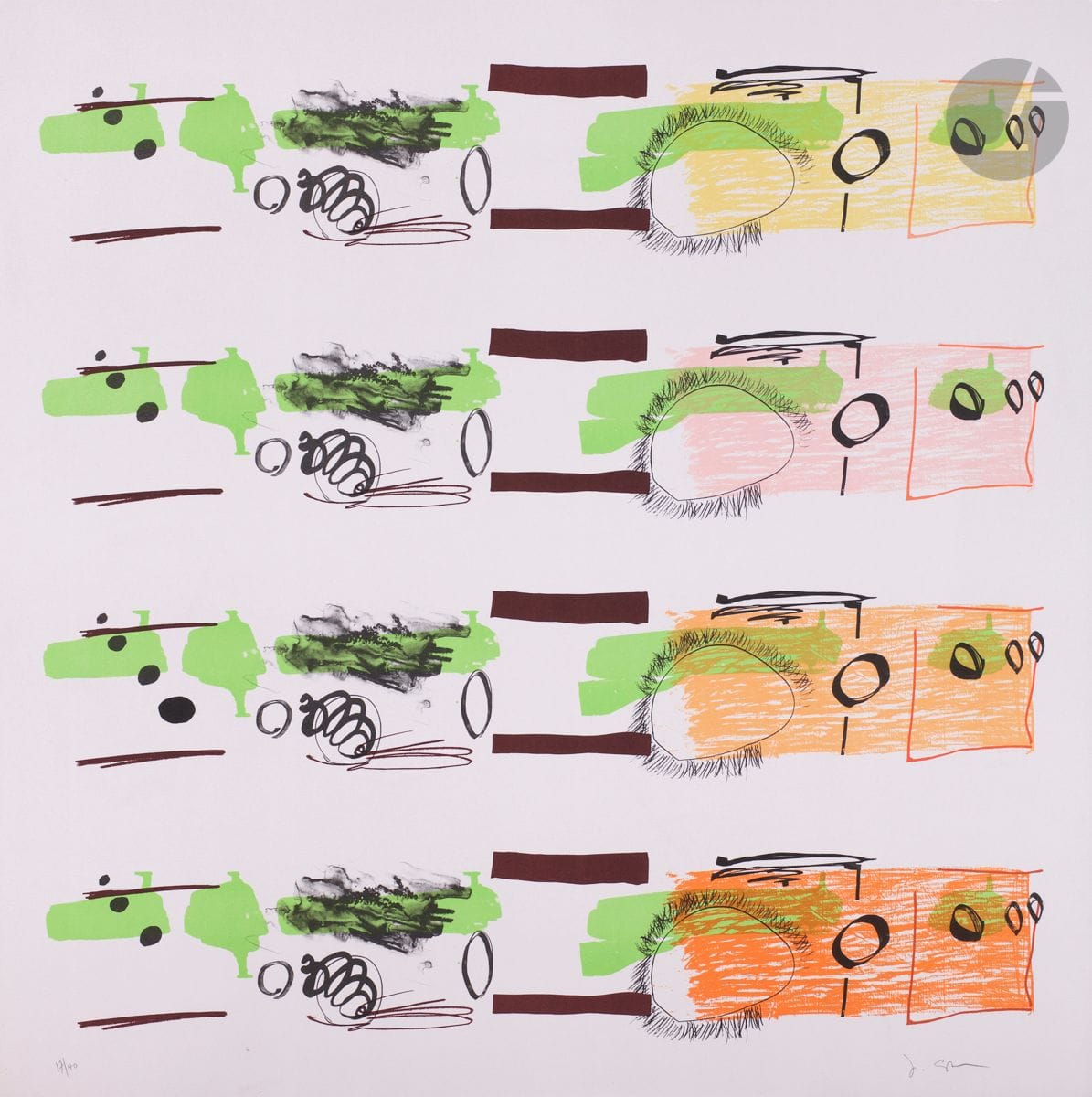 Jessica Stockholder (américaine,  née en 1959)
Aspect Syllabary : Stagger. 2015.
Lithographie en couleurs.
Parfaite épreuve sur vélin fort, numérotée et signée au crayon. Toutes marges. Tirage à 40 épreuves.
76 x 76 cm.