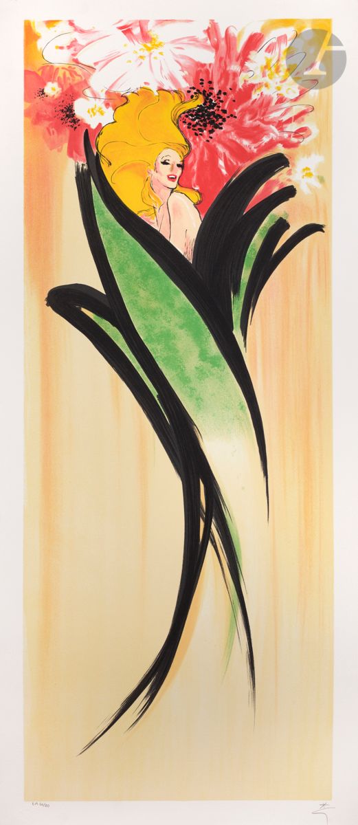 René Gruau (1909-2004)
Femme-fleur. 
Lithographie en couleurs. 
Parfaite épreuve sur vélin, justifiée au crayon « EA », numérotée et signée. Toutes marges. Tirage à 80 épreuves. Timbre sec : Mourlot Paris. 
117 x 52 cm.
