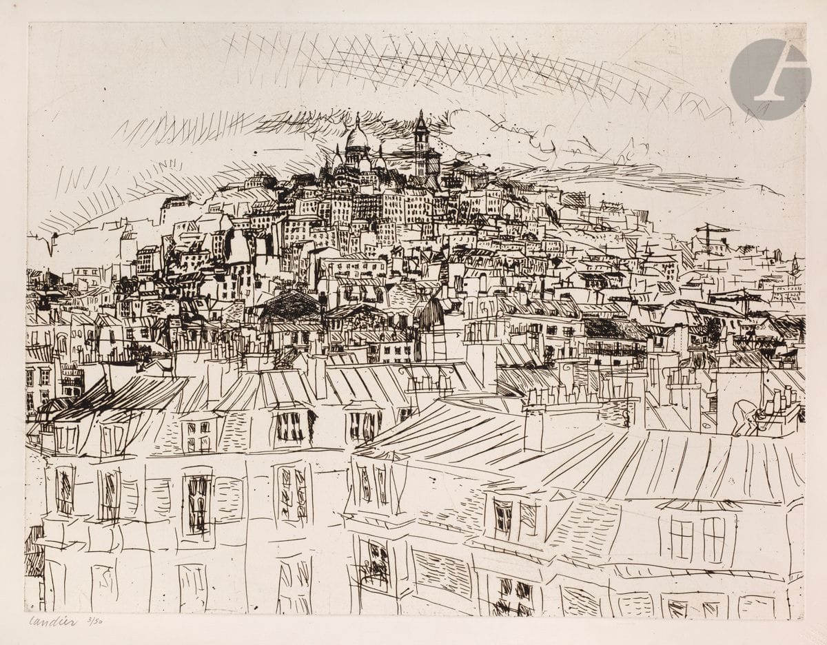 Henri Landier (born in 1935
) Butte Montmartre. 1970. 
Etching.
Very nice proof on white vellum, numbered and signed in pencil. Dry stamp of the workshop. All margins. Edition at 50 proofs.
56,5 x 76 cm.



