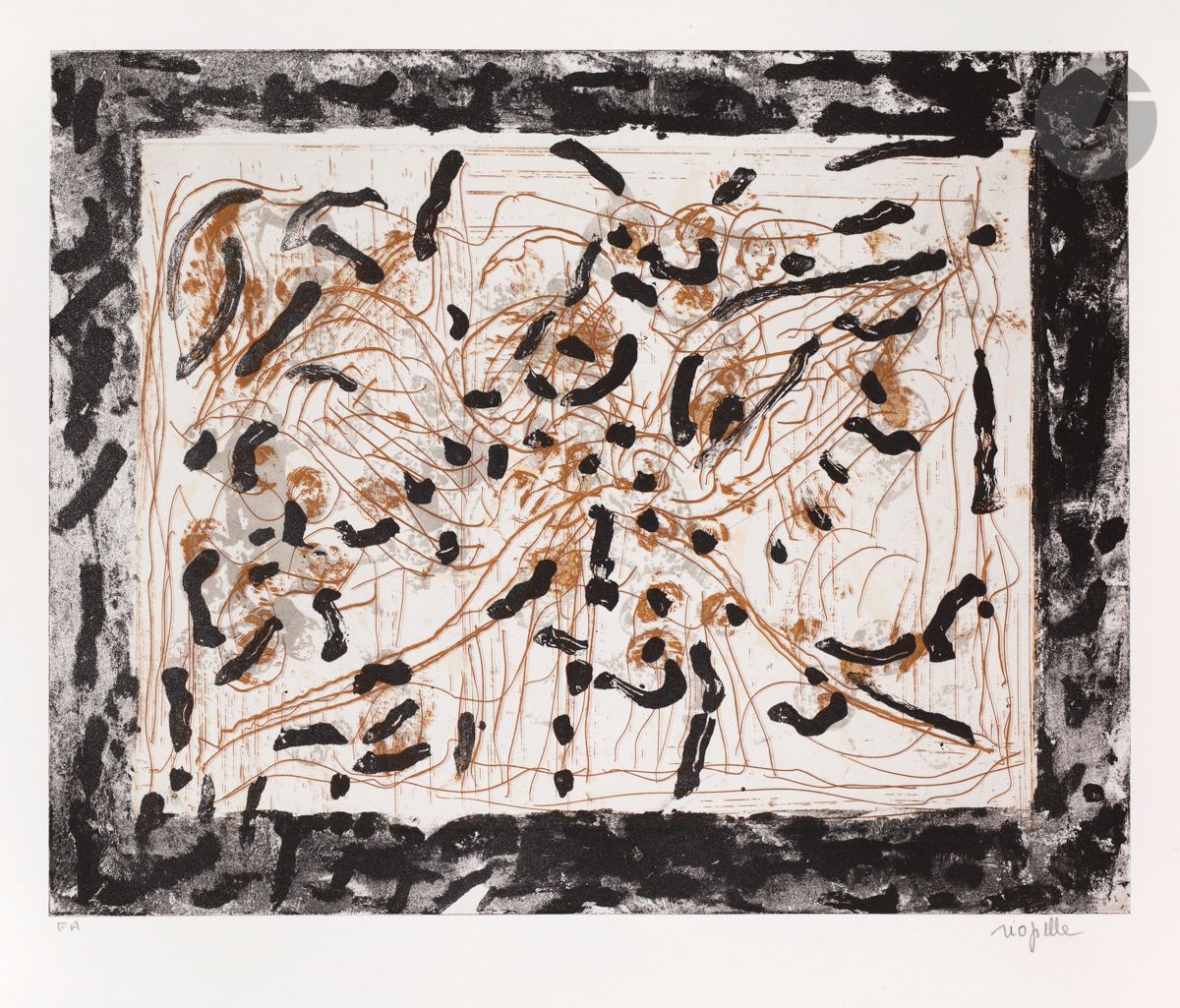 Jean-Paul Riopelle (canadien, 1923-2002)
Les Mouches à marier I. (Planche d’une suite de 8). 1985. 
Eau-forte et aquatinte en couleurs. 
Très belle épreuve sur japon nacré, justifiée « E.A. » et signée au crayon. Toutes marges non ébarbées. Tirage définitif à 75 épreuves. Galerie Lelong S.A. éd. 
Rousseurs claires éparses. Infimes traces de plis aux bords du feuillet. 
50 x 66 cm.

Bibliographie :
Riopelle 1985.25.