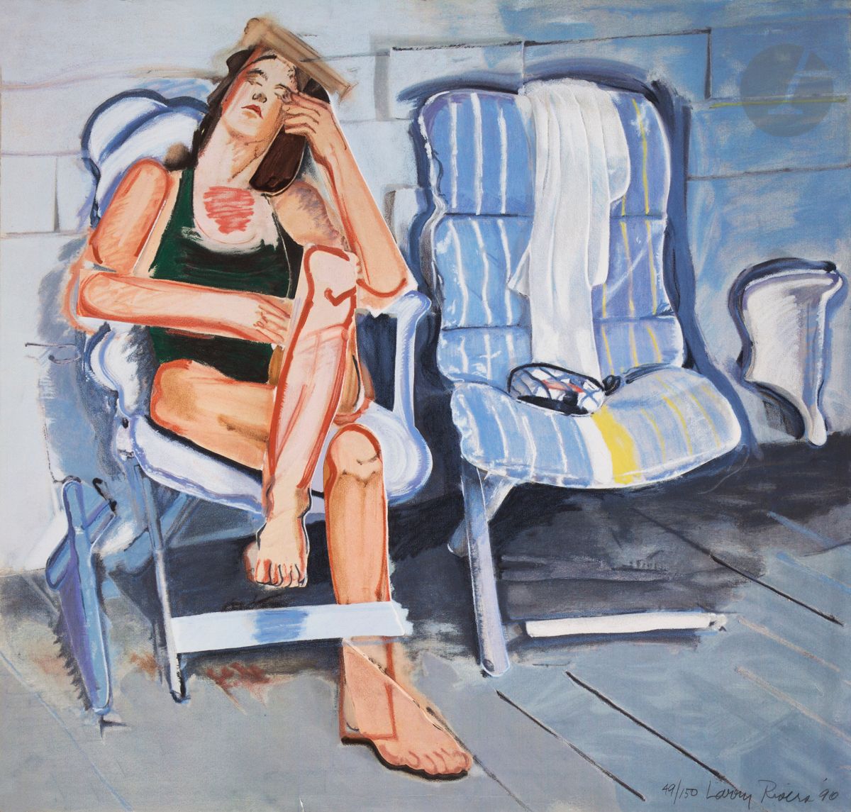 Larry Rivers (1923-2002)
House of Cards – Blue. 1990. 
Lithographie (offset) en couleurs. 
Très belle épreuve tirée pleine feuille sur vélin fort, numérotée et signée au crayon. Tirage à 150 épreuves. Timbre sec : Styria Studio. 
Courte déchirure en pied. Courts plis cassés aux bords du feuillet. 
73,7 x 77 cm.