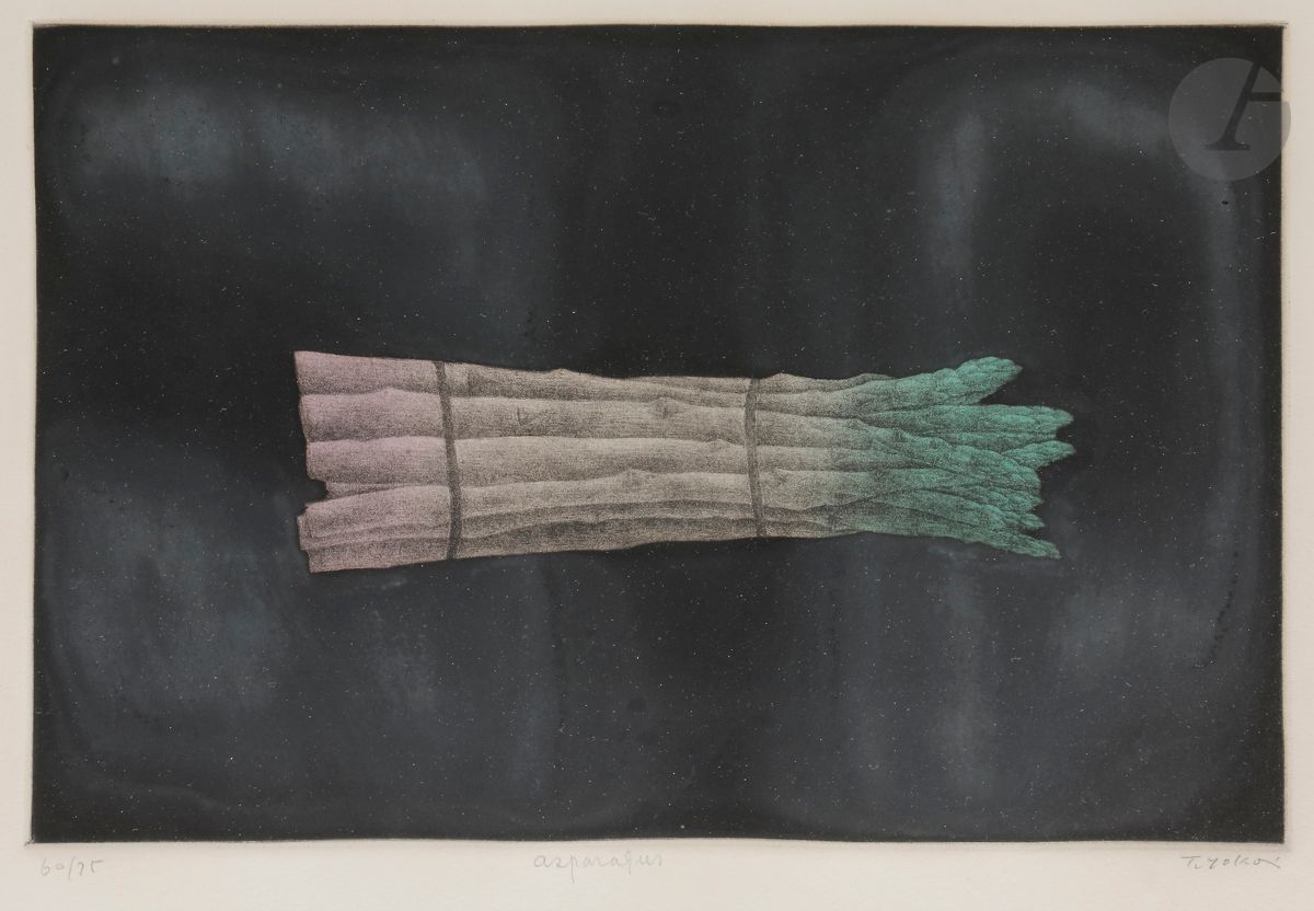 Tomoe Yokoi (japonais, né en 1942)
Asparagus. Vers 1980. 
Manière noire en couleurs. 
Très belle épreuve sur vélin, numérotée, titrée et signée au crayon. Marges. Tirage à 75 épreuves. 
À vue : 30 x 43 cm. 
Cadre.
