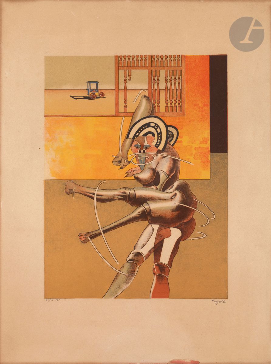Heriberto Cogollo (Colombian, born 1945
) Surrealist figure.
Lithograph in colors. 
Nice proof on heavyweight vellum, justified and signed in pencil. All margins. 
General oxidation of the sheet (with two small whitish traces on the back). A small halo of moisture at the foot and a brownish band around the edge. 
64,5 x 47,7 cm




.