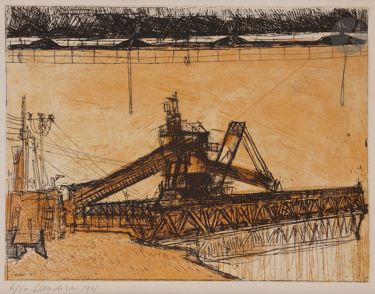 Henri Landier (born in 1935
)Le Quai aux minerais. 1961.
etching and aquatint in colours. 
Very nice proof on white vellum, numbered, signed and dated in pencil. Dry stamp of the workshop. All margins. Edition at 50 proofs.
41,8 x 55 cm.



