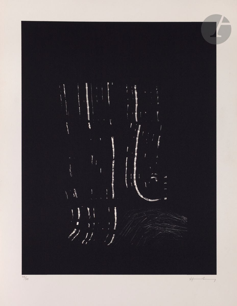 Hans Hartung (1904-1989)
L 1977-2. 1977. 
Photo-autographie sur zinc. 
Très belle épreuve sur vélin, numérotée et signée au crayon. Toutes marges. Tirage à 75 épreuves. Polígrafa éd., Barcelone. 
77 x 56,5 cm.

Bibliographie :
Mason 522.