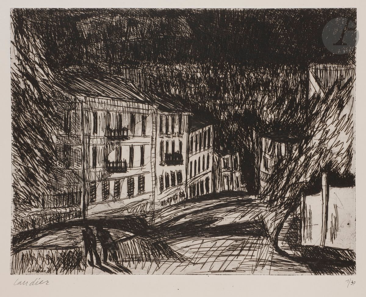 Henri Landier (né en 1935)
Nouvelles maisons, rue Lamarck. 1961. 
Eau-forte.
Très belle épreuve sur vélin blanc, numérotée et signée au crayon. Timbre sec de l’atelier. Toutes marges. Tirage à 30 épreuves.
50,2 x 65 cm.