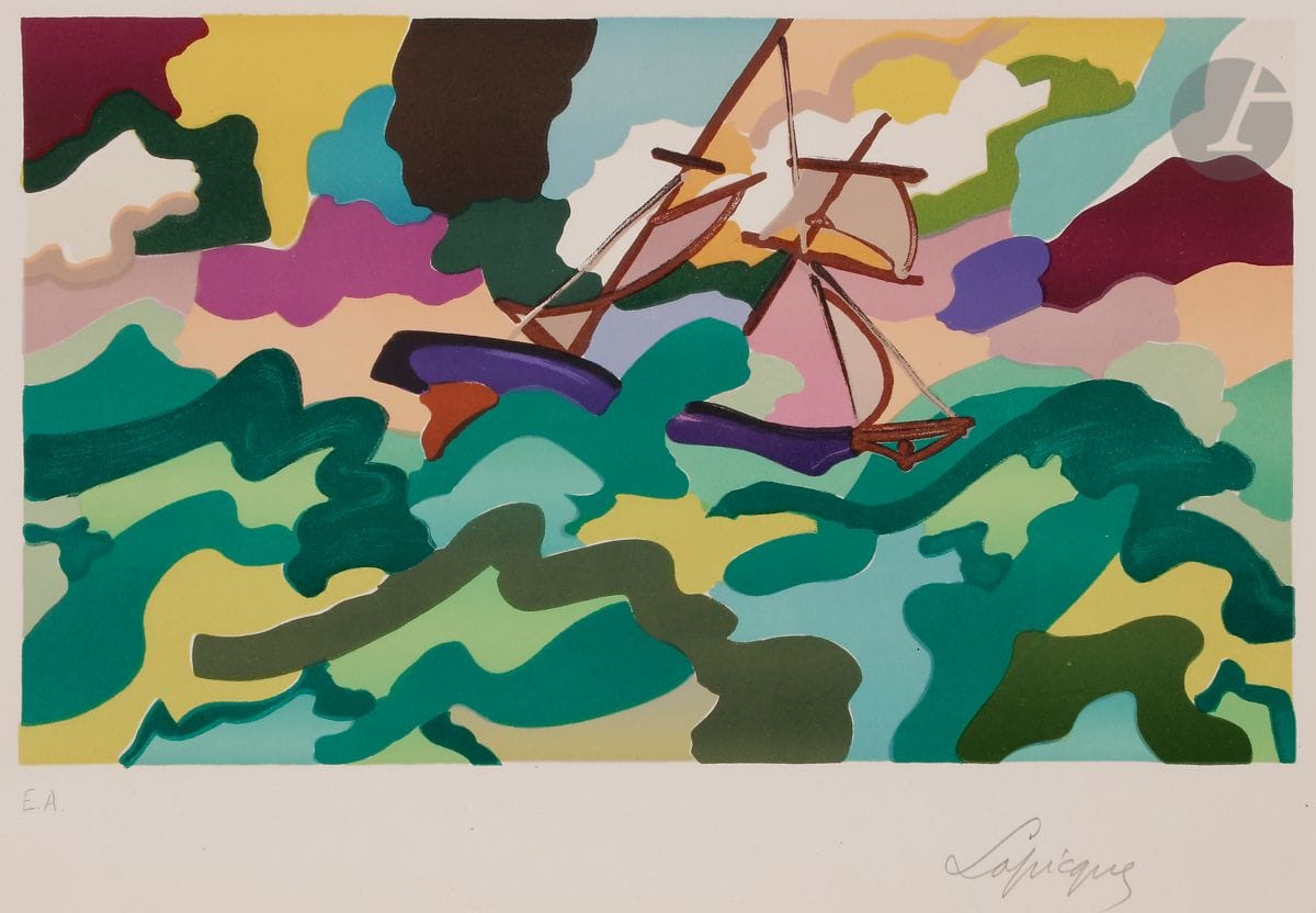Charles Lapicque (1898-1988
)Sailboat on the waves. After 1974. 
Lithograph in colors. 
Very nice proof on vellum, justified "EA" and signed in pencil. All margins. 
31,2 x 44,8 cm.

Bibliography :
Balanci not described (bears the n° 533 of the work in pencil on the reverse)






.