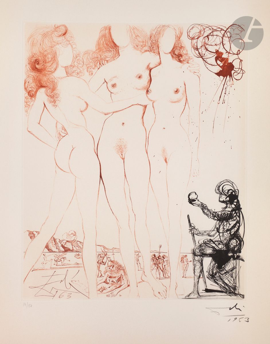 Salvador Dalí (1904-1989)
Le Jugement de Pâris. (Mythologie, pl. 8). 1963-1965.
Héliogravure et pointe sèche en couleurs.
Très belle épreuve sur vélin filigrané « Arches », signée et datée « 1963 » au crayon. Toutes marges. Tirage à 150 épreuves sur ce papier. Argillet éd.
Traces claires d’oxydation aux bords du feuillet.
76 x 56,5 cm.

Bibliographie :
Michler et Löpsinger 123.