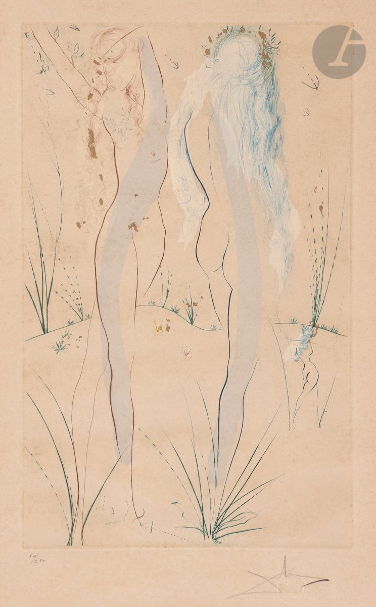 Salvador Dalí (1904-1989)
Retourne-toi, ô Sulamite. Pl. 12 du Cantique des cantiques. 1971. 
Eau-forte avec rehauts au pochoir et à l’encre bronze doré.
Bonne épreuve sur vélin, numérotée et revêtue d’une signature au crayon. Tirage à 250 épreuves. Timbre sec (cheval dans un cercle) sur la signature. 
Forte oxydation du feuillet et semis de rousseurs. Petites taches blanchâtres rectangulaires sur les bords (correspondant à d’anciens morceaux d’adhésif). 
56,5 x 38 cm.

Bibliographie :
Michler et Löpsinger 479.