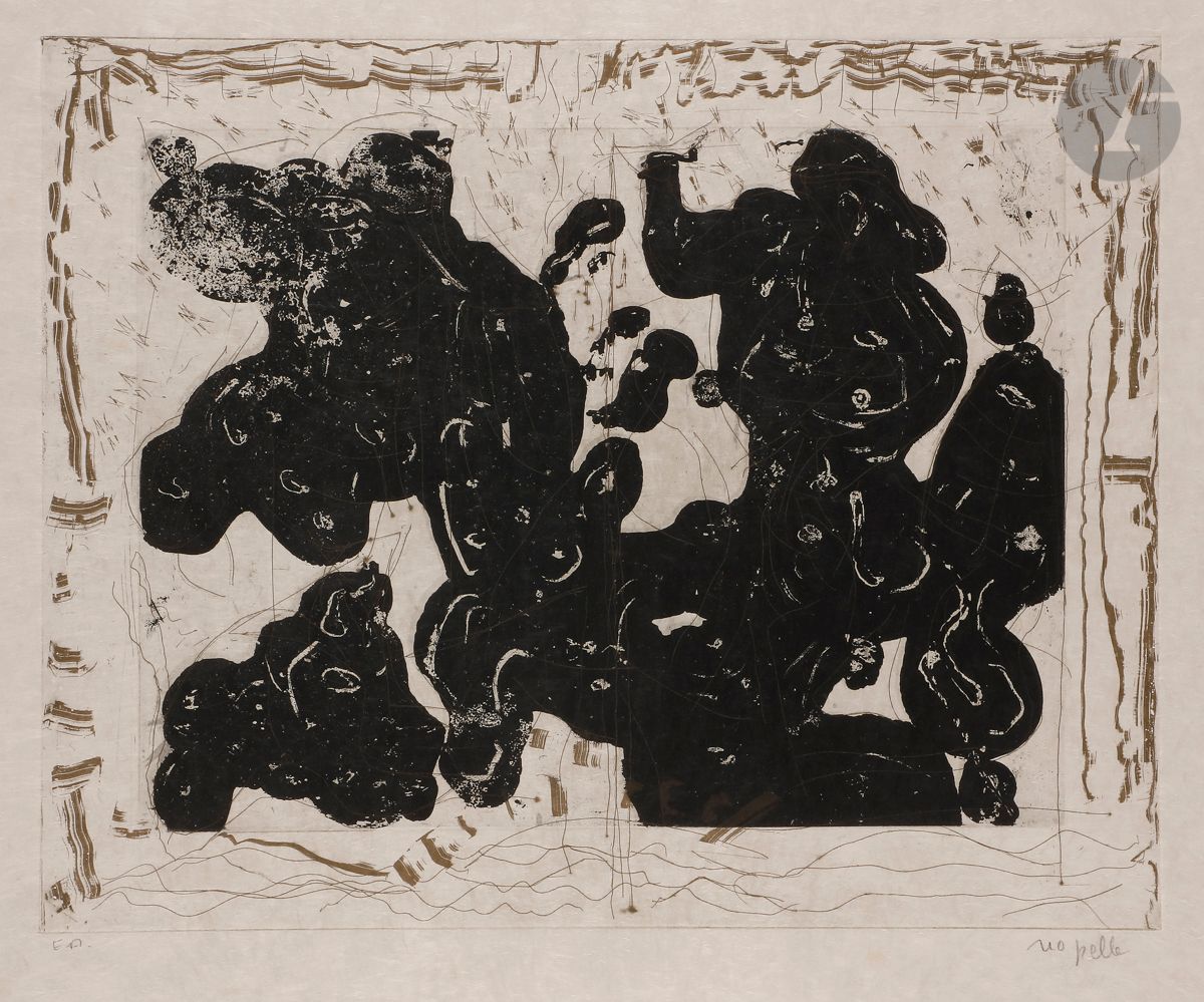 Jean-Paul Riopelle (canadien, 1923-2002)
Auprès de mon lac n° 1. (Pl. d’une suite de 7). 1985.
Eau-forte et aquatinte en couleurs. 
Très belle épreuve sur japon nacré, justifiée « E.A. » et signée au crayon. Toutes marges non ébarbées. Tirage définitif à 75 épreuves. Galerie Lelong S.A. éd.
Rousseurs claires éparses. Infimes traces de plis aux bords du feuillet. 
51,5 x 68 cm.

Bibliographie :
Riopelle 1985.18.