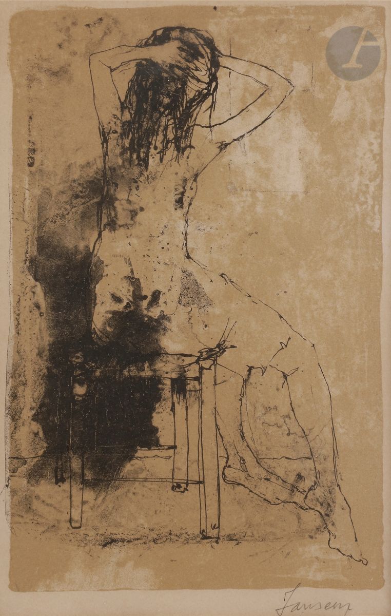 Jean Jansem (1920-2013)
Femme de dos assise se coiffant. 1964-1965. 
Lithographie en couleurs. 
Épreuve sur vélin, d’un tirage en carte de vœux, signée au crayon. 
Forte oxydation sous le passe-partout. 
À vue : 25 x 15,8 cm. 
Cadre (avec au verso carton typographié collé : « Sime et Jean Jansem vous présentent leurs meilleurs vœux pour 1965 »).