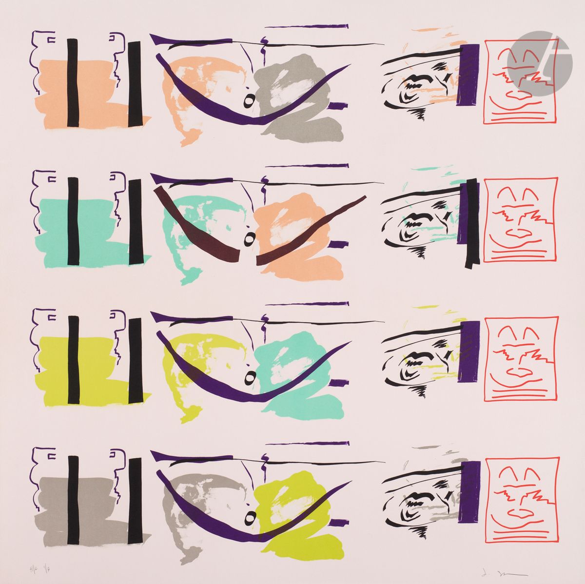 Jessica Stockholder (American, born 1959
)Aspect Syllabary: Belly. 2015.
Color lithograph.
Perfect proof on strong vellum, justified "HC 1/5" and signed in pencil. All margins. Final edition of 40 prints.
76 x 76 cm.



