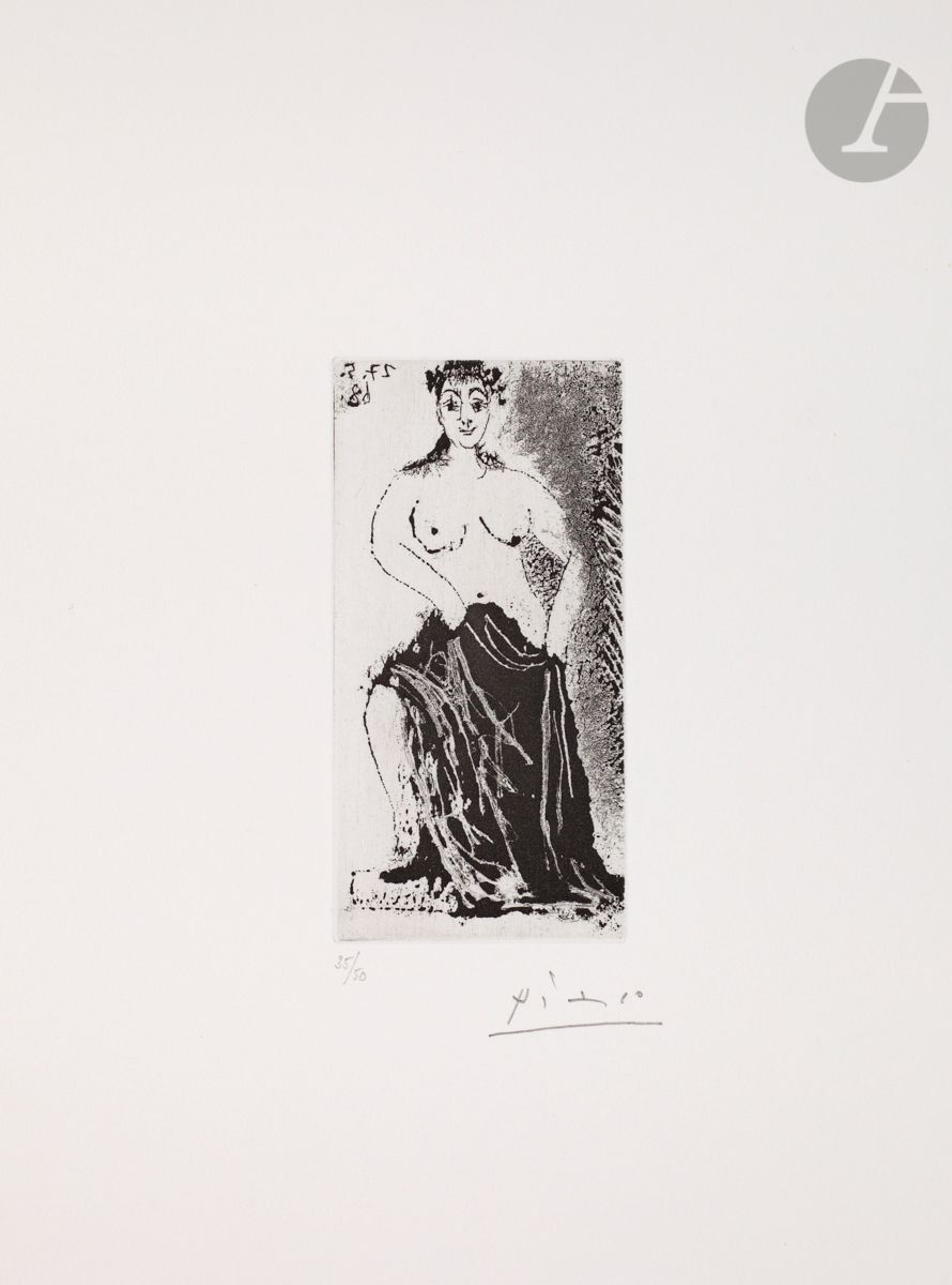 Pablo Picasso (1881-1973)
Une maja posant sur un piédestal. (Les 347, pl. 118). 27 mai 1968. 
Aquatinte au sucre. 
Parfaite épreuve sur vélin, numérotée et signée au crayon. Toutes marges. Tirage à 50 épreuves. Galerie Louise Leiris éd. (1969).
32,7 x 25,5 cm.

Bibliographie :
Bloch 1598 ; Baer 1614 B b 1.