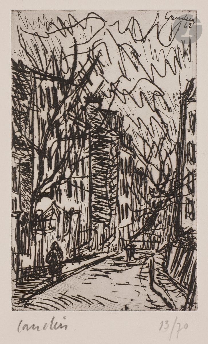 Henri Landier (né en 1935)
Rue du Chevalier de La Barre. 1962. 
Eau-forte.
Très belle épreuve sur vélin blanc, numérotée et signée au crayon. Timbre sec de l’atelier. Toutes marges. Tirage à 70 épreuves.
Très claire trace d’oxydation marginale. 
32,7 x 25 cm.