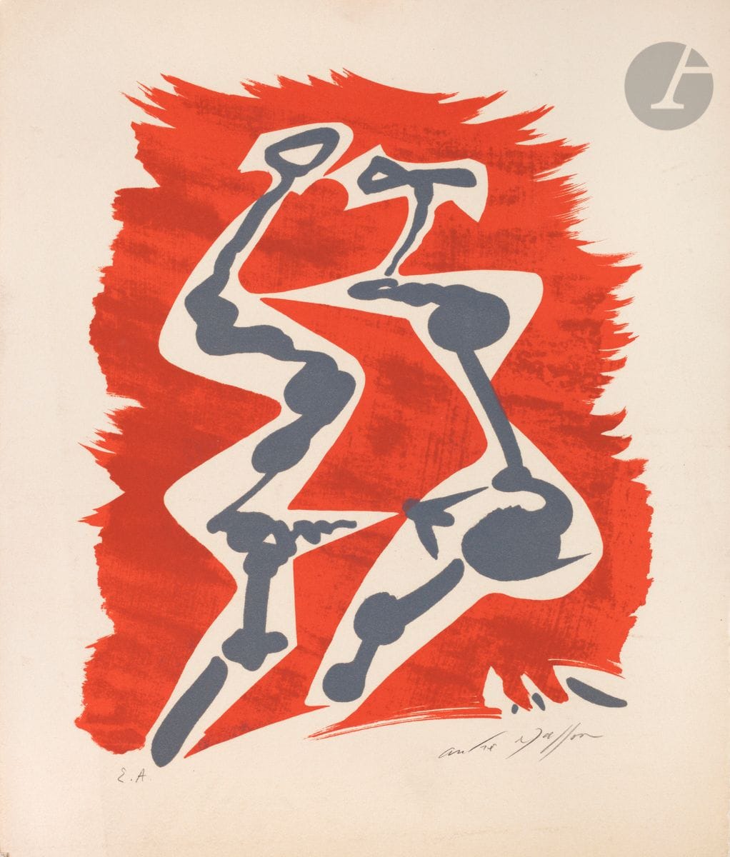 André Masson (1896-1987
)Seduction; Reversed woman. About 1970. 
Lithograph in colors. 
Meeting of 2 very nice proofs on vellum, the first one justified "E.A" and signed in pencil. All margins. Dry stamp: FF on the 2nd. 
35 x 29,5 cm ; 49,5 x 70 cm. 

Bibliography :
Séduction was used as an illustration in Roger Passeron's book, André Masson, gravures 1924-1972, Fribourg, Office du Livre, 1973
.
(Ref. Saphire-Cramer 96).






