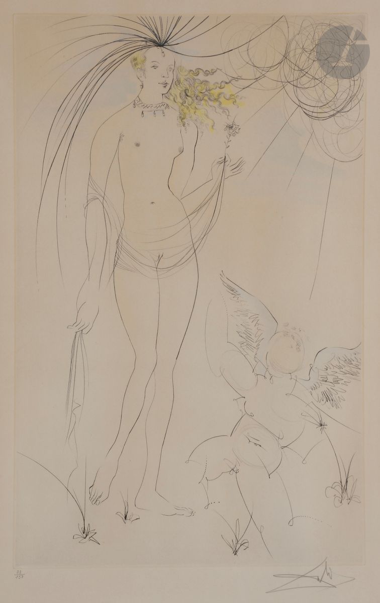 Salvador Dalí (1904-1989)
Vénus et l’Amour. Pl. 3 pour l’album Suite mythologique nouvelle. 1971. 
Pointe sèche et coloris au pochoir.
Belle épreuve sur vélin, numérotée et revêtue d’une signature au crayon. Toutes marges. Tirage à 150 épreuves sur ce papier.
Forte oxydation du feuillet à l’ouverture d’un ancien montage. Deux traces d’anciens morceaux d’adhésif oxydées en tête au verso. Légères ondulations aux bords du feuillet.
À vue : 75 x 56 cm.

Bibliographie :
Michler et Löpsinger 483.