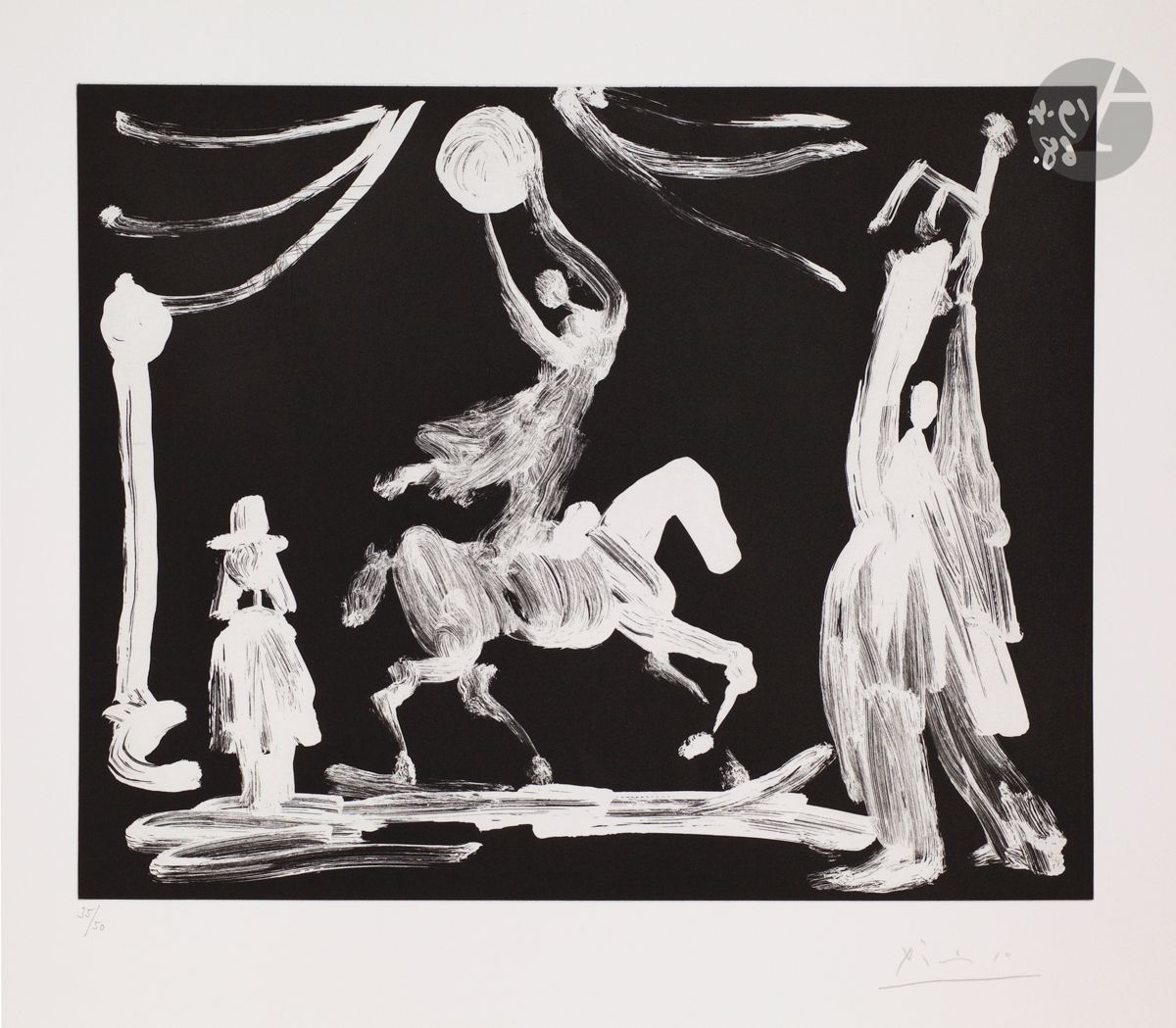 Pablo Picasso (1881-1973)
Au cirque : écuyère, clown et pierrot. (Les 347, pl. 42). 19 avril 1968. 
Aquatinte.
Parfaite épreuve sur vélin, numérotée et signée au crayon. Toutes marges. Tirage à 50 épreuves. Galerie Louise Leiris éd. (1969).
47,4 x 56,5 cm.

Bibliographie :
Bloch 1522 ; Baer 1538 B b 1.