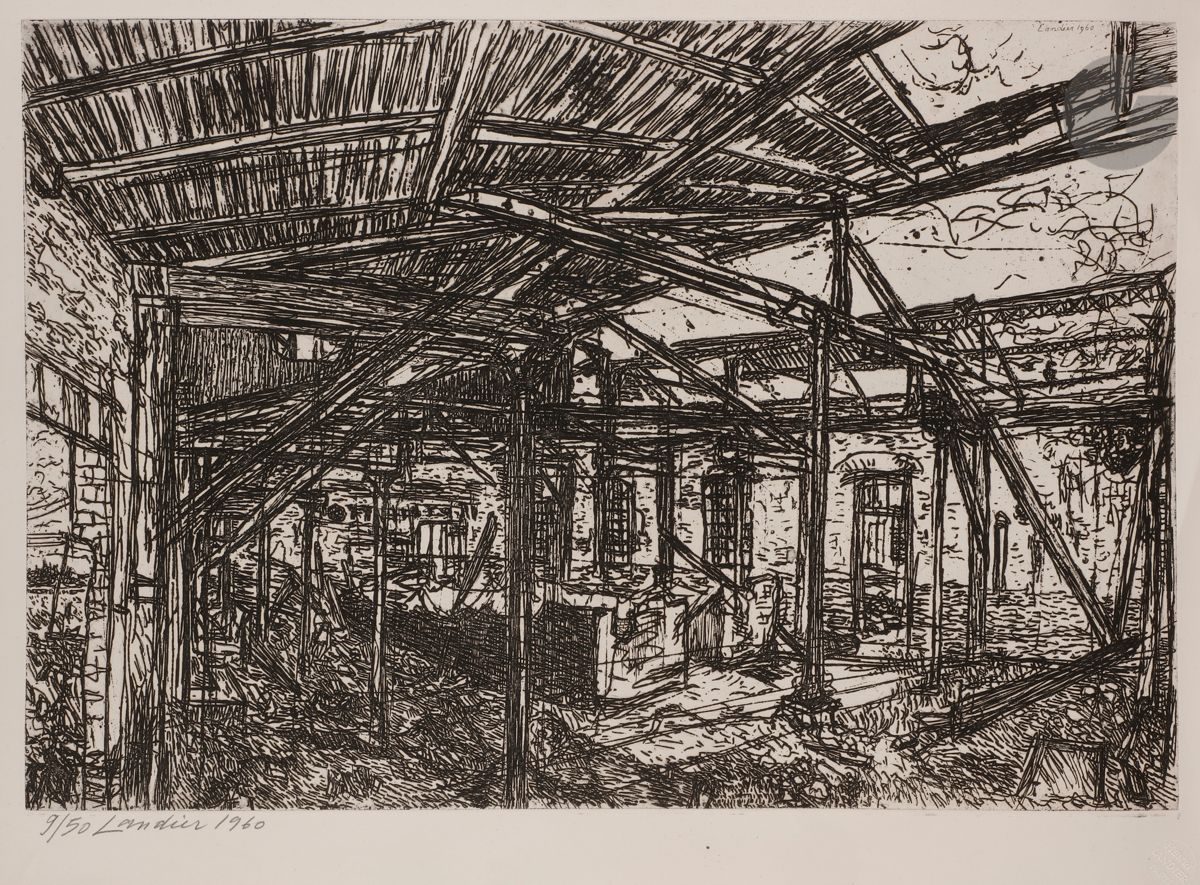Henri Landier (born 1935
) Factory in ruins. 1960. 
Etching.
Very nice proof on white vellum, numbered and signed in pencil. Dry stamp of the workshop. All margins. Edition at 50 proofs.
50 x 65 cm.



