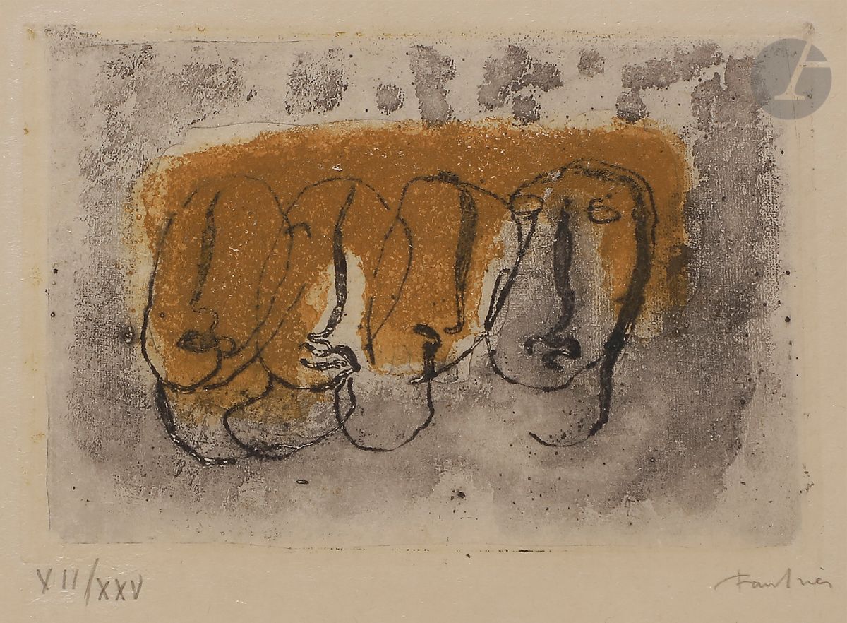 Jean Fautrier (1898-1964
)Four Faces. Pl. for R. Ganzo, Orinoco, Paris, Blaizot, 1942.
etching and aquatint in colours
.
 
Perfect proof of the second edition (the plate slightly towed), on imitation japan, one of the 25 numbered in roman numerals and signed in pencil (besides 50 on laid paper). All margins. Couturier edition. 
25 x 32,5 cm.
Framed.

Bibliography :
Mason 73.







