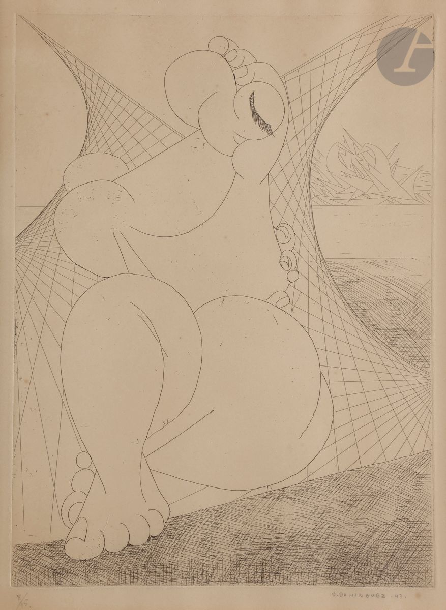 Óscar Dominguez (Spanish, 1906-1957
)Seated Nude Woman. 1943.
etching. 
Very nice proof on vellum, numbered, signed and dated in pencil. Margins. Edition of 15 proofs. 
Strong oxidation of the folio. Light brown spots. 
Sight : 45 x 33,5 cm.
Framed.





