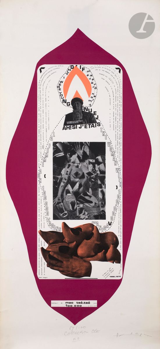 Henri Chopin (1922-2008)
Portrait de Mao Tsé Tsé aux 100 000 vagins. Vers 1970.
Sérigraphie en couleurs.
Belle épreuve sur vélin, numérotée et signée au stylo-bille, puis annotée « Collection Out N.O ». Toutes marges. Tirage à 100 épreuves. 
Plusieurs courtes traces de plis. Fort pli cassé horizontal médian affectant le sujet au centre à droite. 
112 x 51 cm.