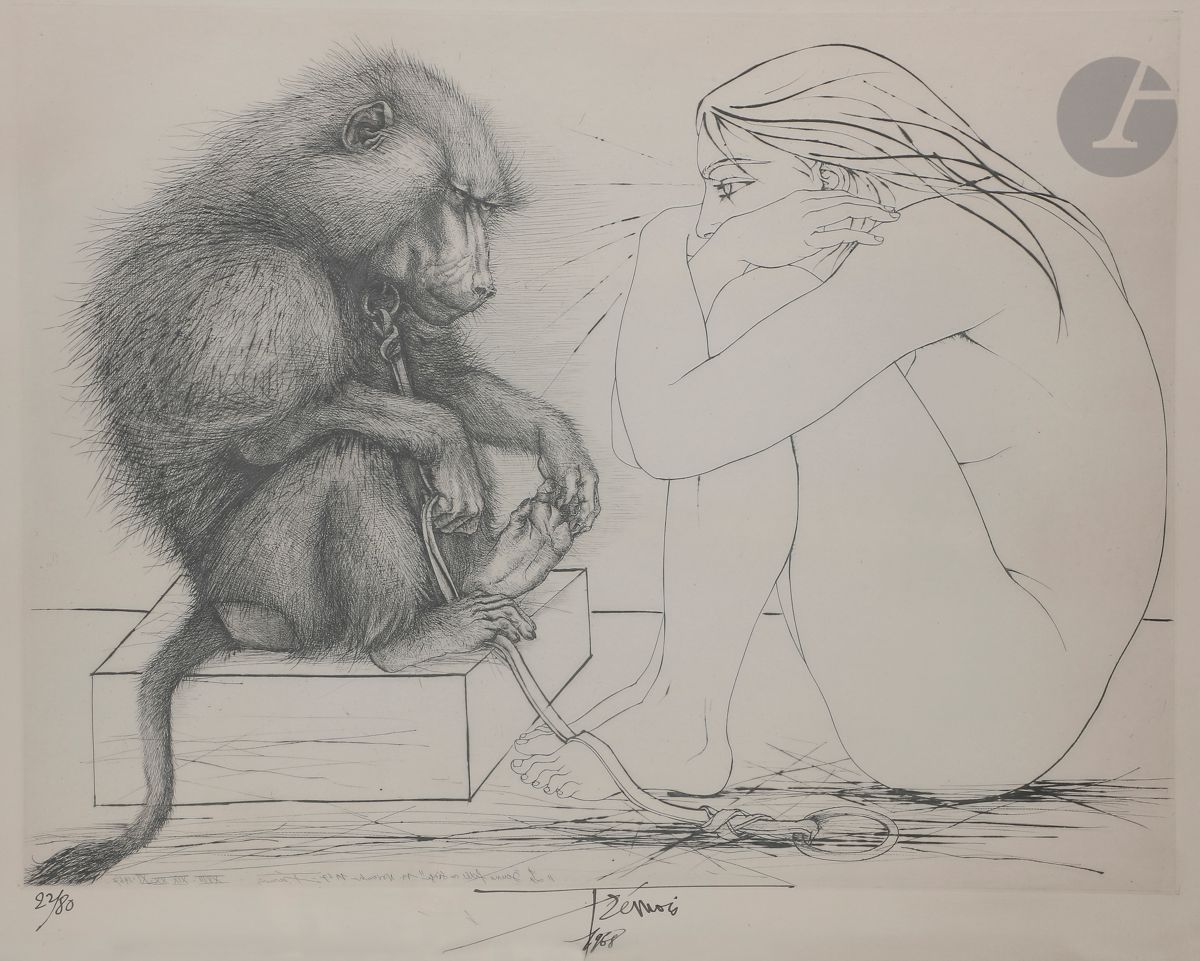 Pierre-Yves Trémois (1921-2020
)La Jeune fille au singe. 19 November 1967. 
Drypoint. 
Very nice proof on vellum, numbered, signed and dated in pen and ink. All margins. Edition at 80 proofs. 
Slight insolation of the sheet. 
Sight : 55 x 74 cm.
Framed.





