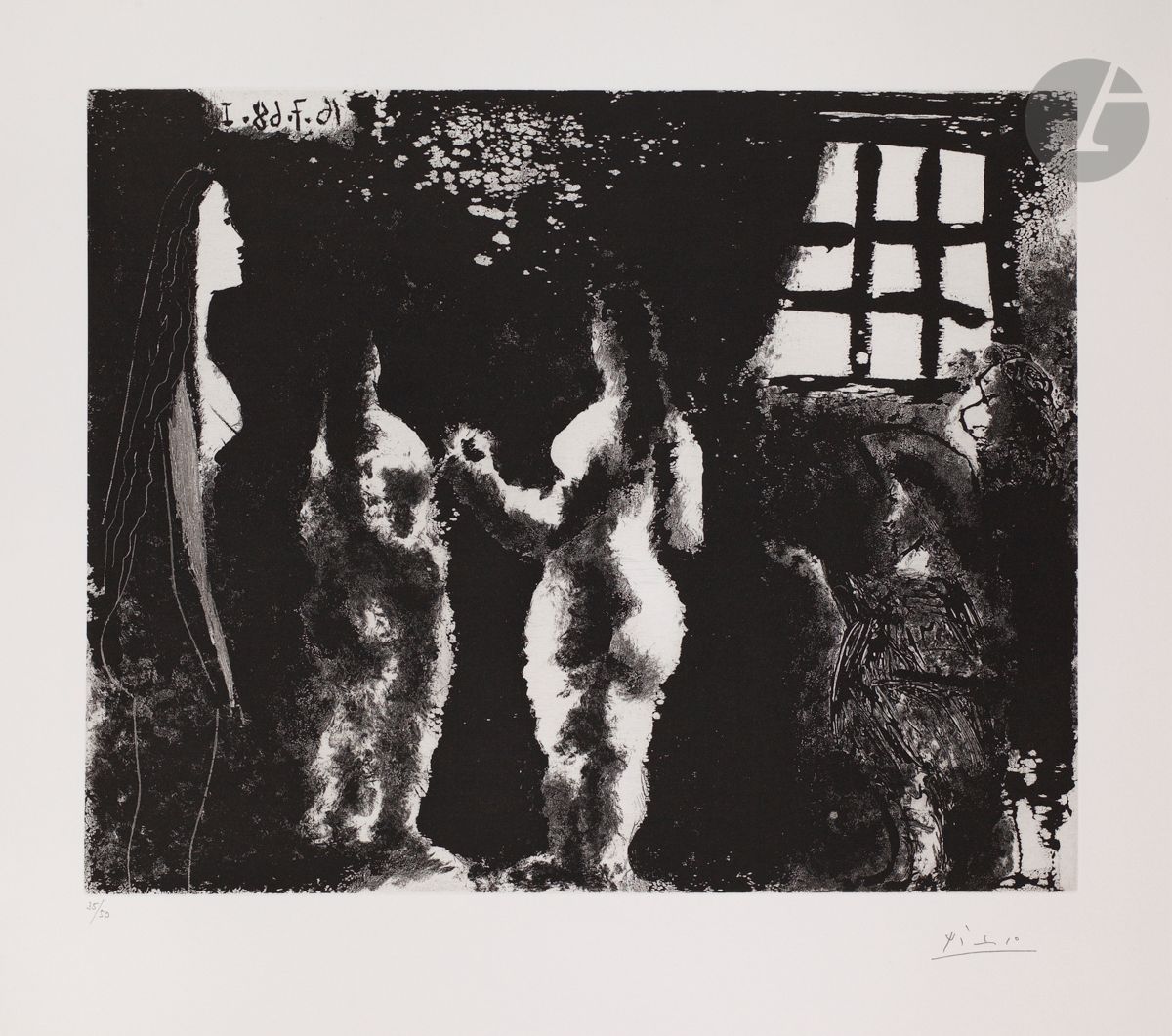 Pablo Picasso (1881-1973)
En pensant à Goya : femmes en prison. (Les 347, pl. 206). 16 juillet 1968. 
Aquatinte et grattoir.
Parfaite épreuve sur vélin, numérotée et signée au crayon. Toutes marges. Tirage à 50 épreuves. Galerie Louise Leiris éd. (1969).
47,3 x 56,5 cm.

Bibliographie :
Bloch 1686 ; Baer 1702 B b 1.