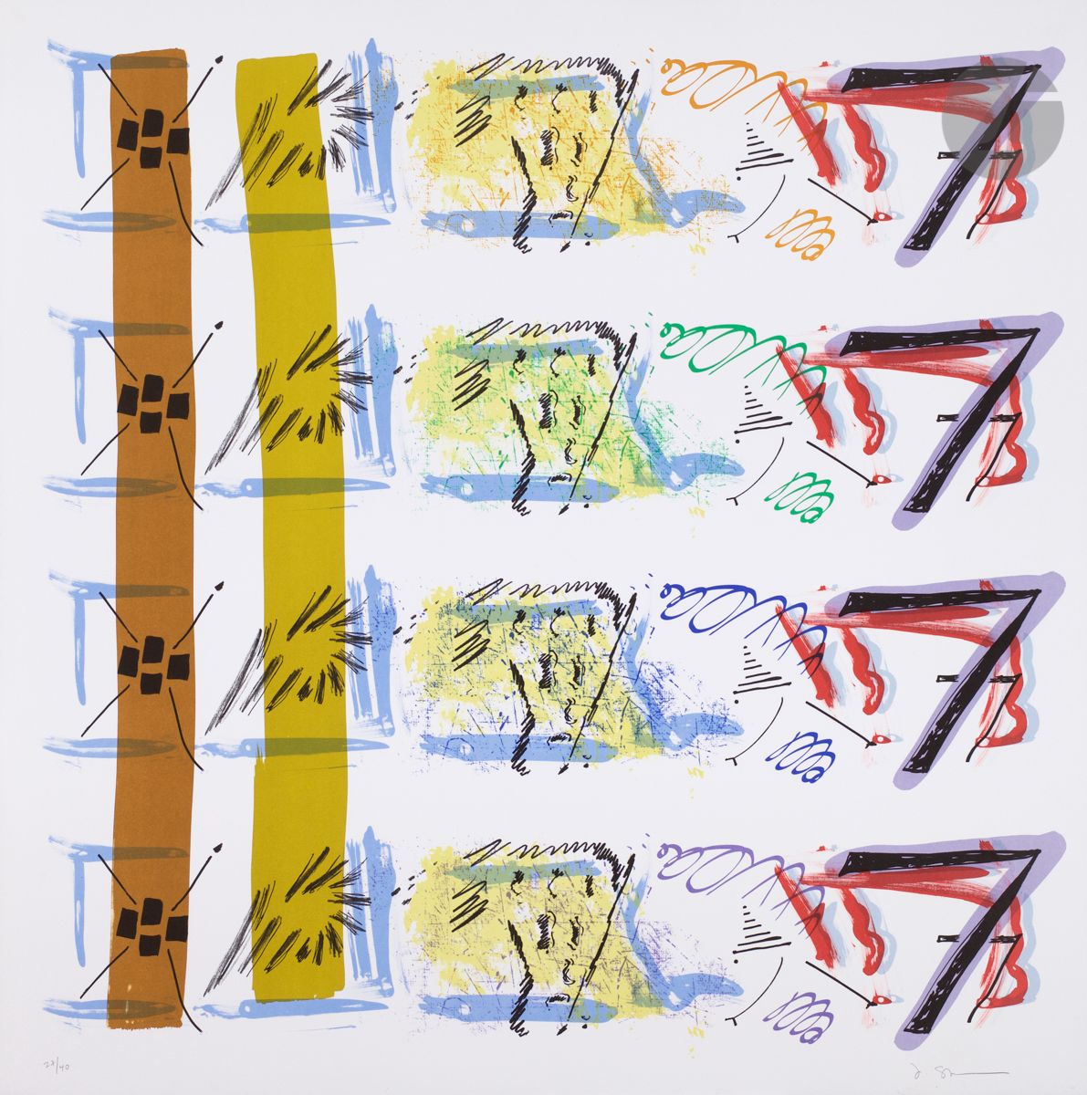 Jessica Stockholder (American, born 1959
)Aspect Syllabary: Getting Wind 1. 2015.
Color lithograph.
Perfect proof on strong vellum, numbered and signed in pencil. All margins. Edition of 40 prints.
76 x 76 cm
.


