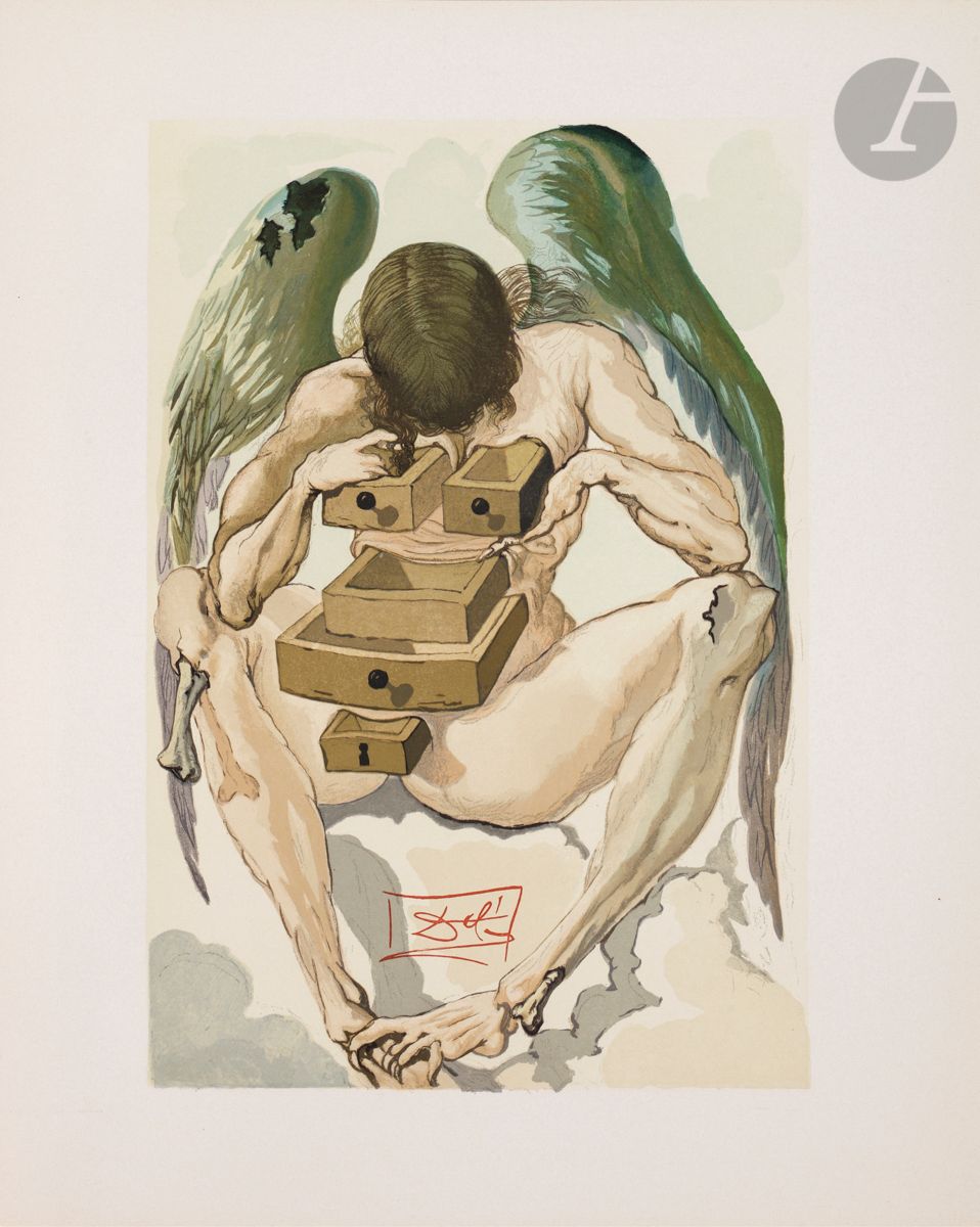 Salvador Dalí (1904-1989
)7 plates for Dante, The Divine Comedy.
Wood engraving (lost plate) in colors. 
Very nice proofs on white vellum. One plate signed, formerly framed, with strong traces of oxidation. All margins. 
Each 33 x 26.2 cm.

Bibliography :
Michler and Löpsinger 1039, 1040, 1041, 1052, 1062, 1068, 1073






.