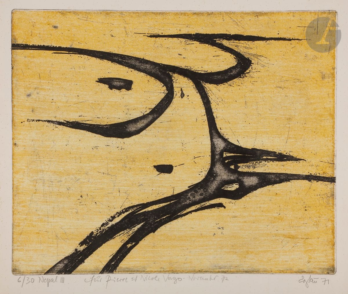 Otto Wilhelm Eglau (German, 1917-1988
)Nepal III. 1971. 
Etching. 
Very nice proof on vellum, numbered, titled, dedicated "für Pierre et Nicole Vago November 72", signed and dated in pencil. All margins. Edition of 30 proofs. 
Tiny light freckles scattered on the edges of the sheet.

Provenance:
Pierre Vago (1910-2002), architect, editor of the magazine L'Architecture d'Aujourd
'hui.





