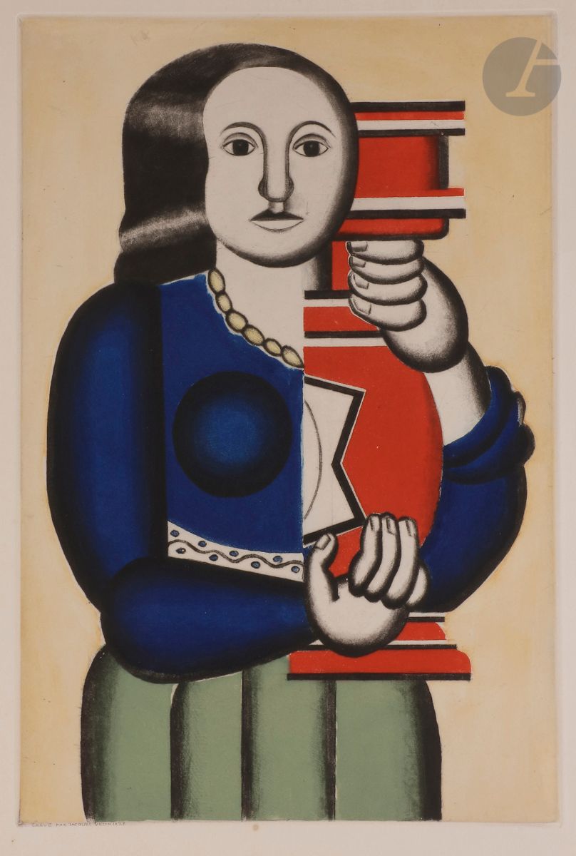 Fernand Léger (1881-1955) (d’après)
Femme au vase. 1928.
Gravure en couleurs par Jacques Villon. 
Belle épreuve sur vélin, d’un tirage postérieur effectué par la Chalcographie du Louvre, avec son timbre sec (Lugt 1695a). Toutes marges. 
Trace claire d’oxydation à l’ouverture d’un ancien montage. Petits restes de papier gommé brun en tête au verso (avec petites traces rousses correspondantes au recto).
65,5 x 50 cm.

Bibliographie :
Ginestet et Pouillon 660.