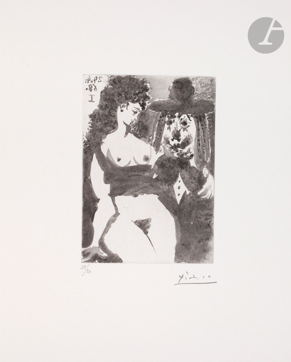 Pablo Picasso (1881-1973)
Vieux clown avec une ravissante personne. (Les 347, pl. 49). 24 avril 1968. 
Aquatinte au sucre.
Parfaite épreuve sur vélin, numérotée et signée au crayon. Toutes marges. Tirage à 50 épreuves. Galerie Louise Leiris éd. (1969).
32,9 x 25,2 cm.

Bibliographie :
Bloch 1529 ; Baer 1545 B b 1.