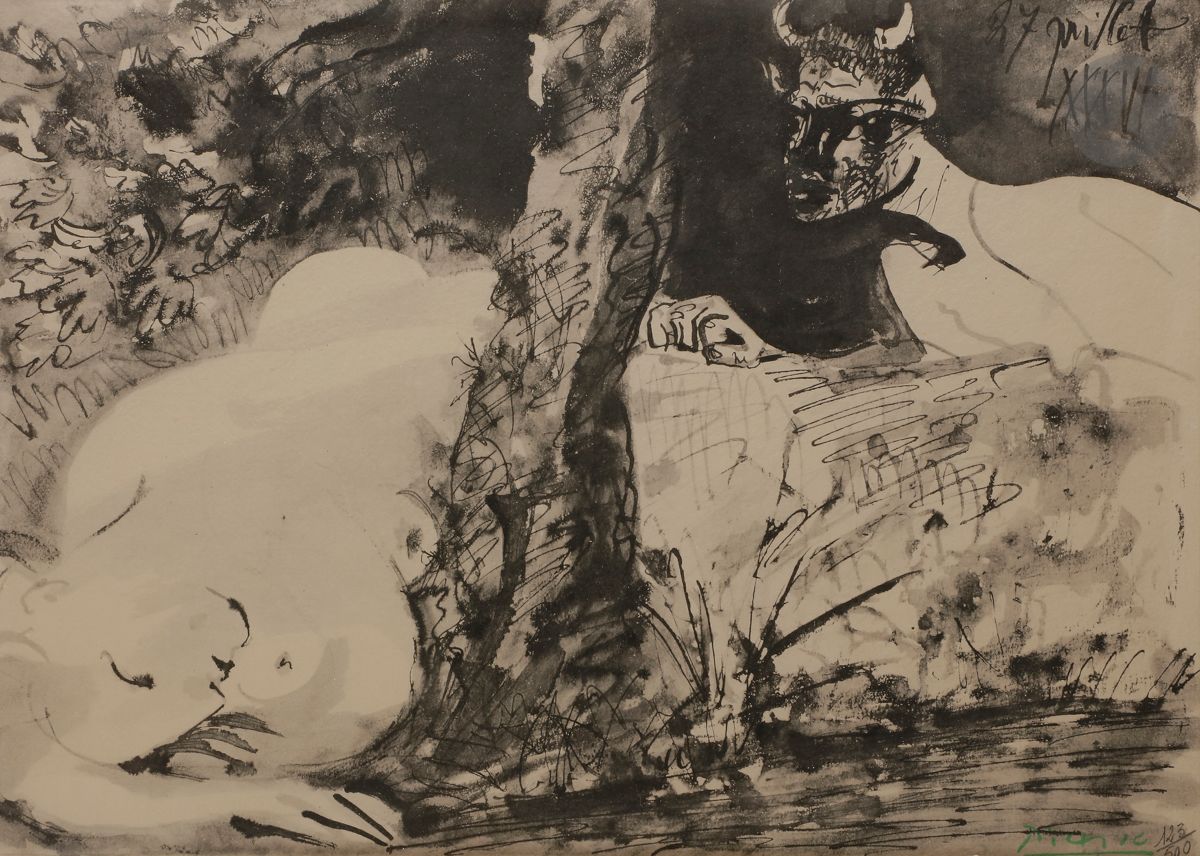 Pablo Picasso (1881-1973) (d’après)
Femme et faune II. Pl. pour l’album Femmes et faune, Paris, Au Vent d’Arles éd., 1956. 
Pochoir sur fond de phototypie (procédé Jacomet).
Épreuve sur vélin, revêtue du timbre vert de la signature et numérotée au crayon. 
À vue : 36 x 50,5 cm.
Cadre.