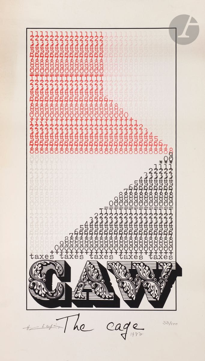 Henri Chopin (1922-2008)
The Cage. 1973.
Sérigraphie en couleurs.
Très belle épreuve sur vélin, numérotée, signée et datée au crayon. Toutes marges. Tirage à 1000 épreuves. 
Pli cassé horizontal médian affectant le sujet au centre à gauche.
76 x 40 cm.
