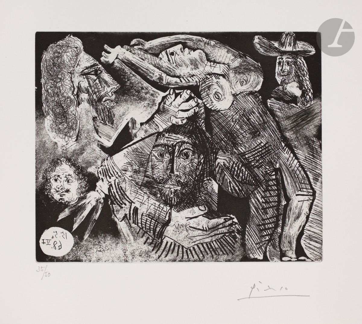 Pablo Picasso (1881-1973)
« Les Trois mousquetaires », enlèvement. (Les 347, pl. 91). 15 mai 1968. 
Aquatinte, eau-forte et pointe sèche. 
Parfaite épreuve sur vélin, numérotée et signée au crayon. Toutes marges. Tirage à 50 épreuves. Galerie Louise Leiris éd. (1969).
28,2 x 33,5 cm.

Bibliographie :
Bloch 1571 ; Baer 1587 B b 1.