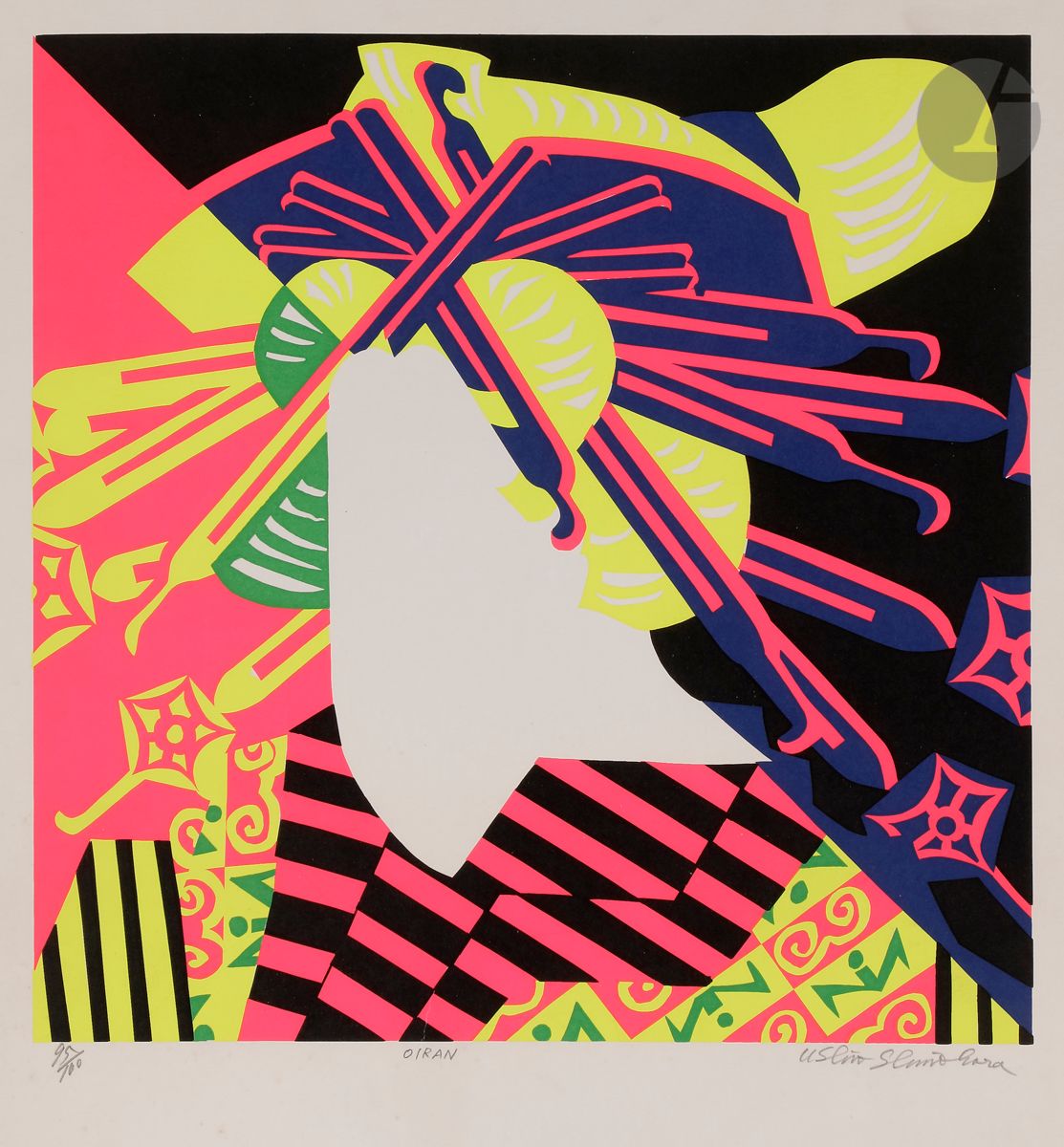 Ushio Shinohara (japonais, né en 1932)
Oiran ; Kanzashi. Vers 1980. 
Sérigraphie en couleurs. 
Réunion de 2 très belles épreuves sur vélin blanc fort, numérotées, titrées et signées au crayon. Toutes marges. Tirage à 100 épreuves. 
43,5 x 33,7 cm.