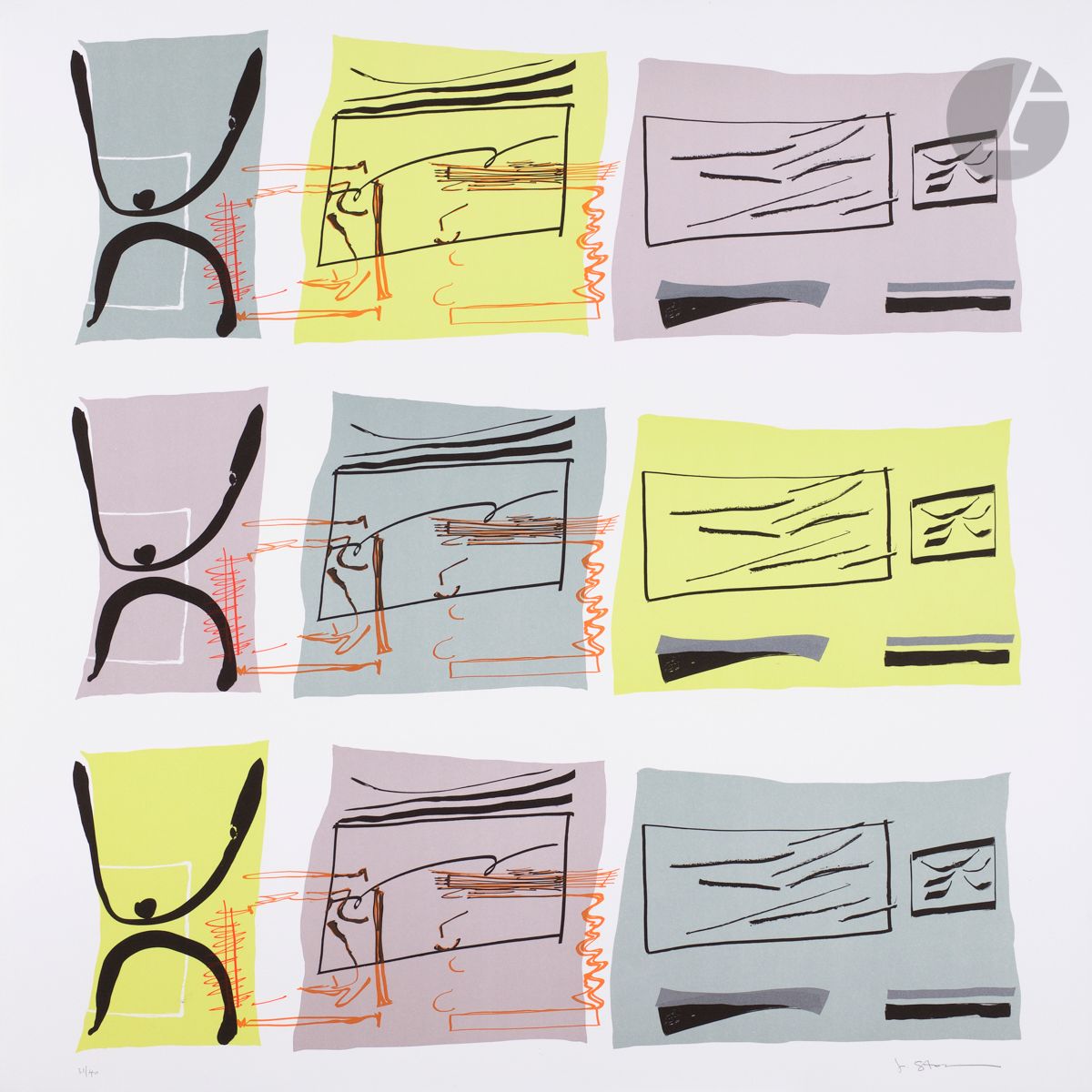 Jessica Stockholder (américaine,  née en 1959)
Aspect Syllabary : Getting Wind 2. 2015.
Lithographie en couleurs.
Parfaite épreuve sur vélin fort, numérotée et signée au crayon. Toutes marges. Tirage à 40 épreuves.
76 x 76 cm.